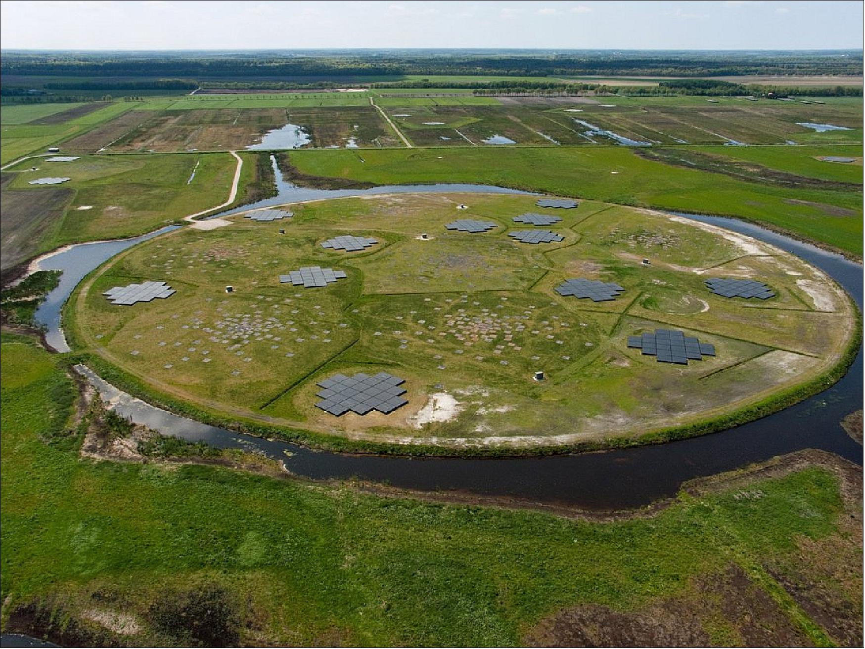 Figure 1: Aerial photograph of the Superterp, the heart of the LOFAR core, on which six LOFAR stations are housed. What resembles at first an ancient earthwork in a nature reserve in the northeast of the Netherlands is actually the heart of the most advanced radio telescope in the world, spanning northwestern Europe. The LOFAR, operated by the Astron Netherlands Institute for Radio Astronomy, consists of 51 antenna stations from Sweden to Ireland and Poland tasked with studying some of the lowest frequencies that can be observed from Earth, probing the primordial era before stars and galaxies were formed (image credit: LOFAR/Astron) 6)