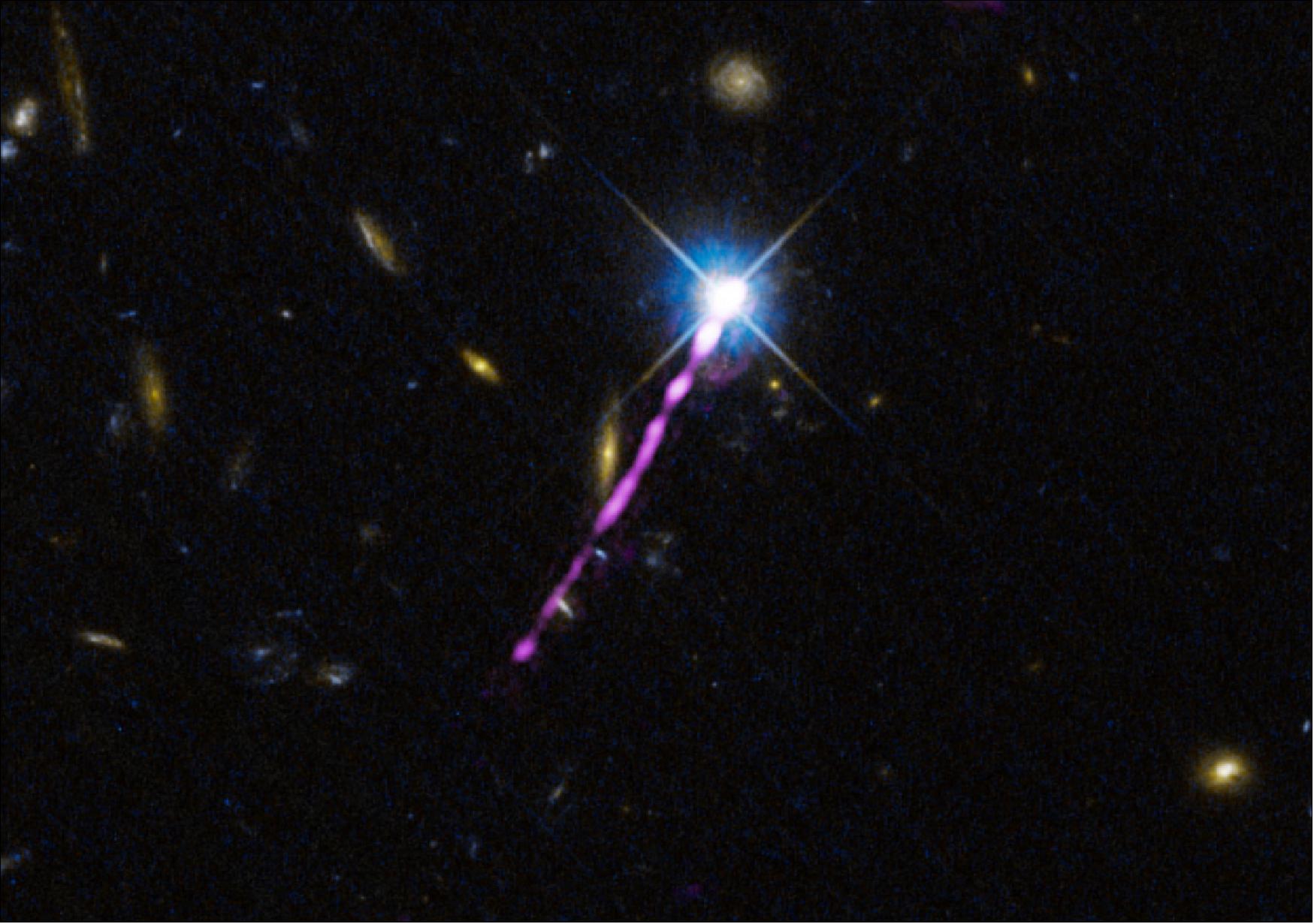 Figure 17: The radio jet of the quasar 4C+19.44, powered by a supermassive black hole lying in the center of its host galaxy and shining at long radio wavelengths as seen by the LOFAR radio telescope (magenta). The background image shows neighboring galaxies in the visible light highlighted thanks to the Hubble Space Telescope (cyan and orange) having the radio jet passing into the dark voids of intergalactic space (Harris et al. 2019), image credit: NASA/HST/LOFAR, courtesy of J. DePasquale