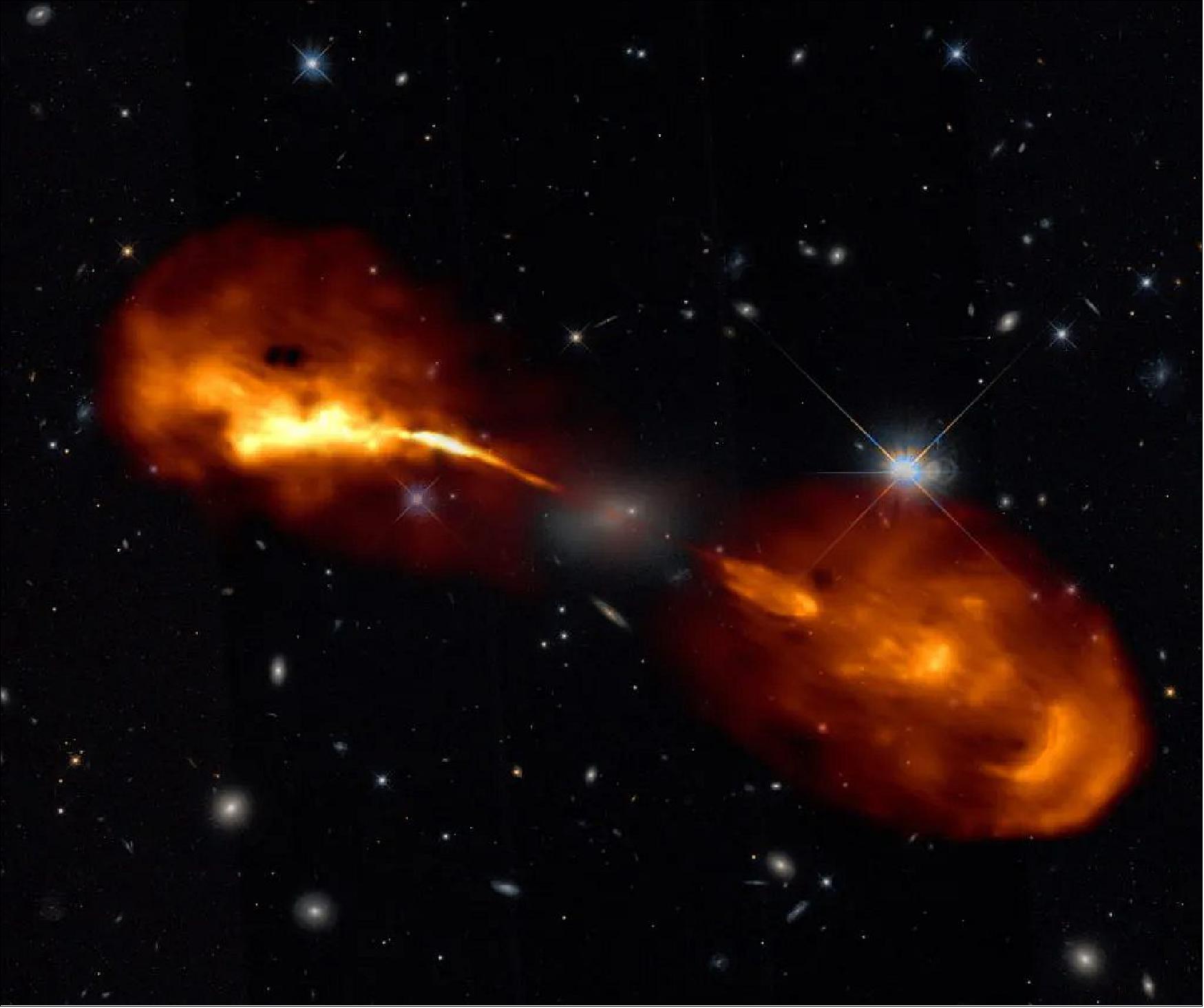 Figure 10: Hercules A is powered by a supermassive black hole located at its centre, which feeds on the surrounding gas and channels some of this gas into extremely fast jets. Our new high-resolutions observations taken with LOFAR have revealed that this jet grows stronger and weaker every few hundred thousand years. This variability produces the beautiful structures seen in the giant lobes, each of which is about as large as the Milky Way galaxy (image credit: R. Timmerman; LOFAR & Hubble Space Telescope)