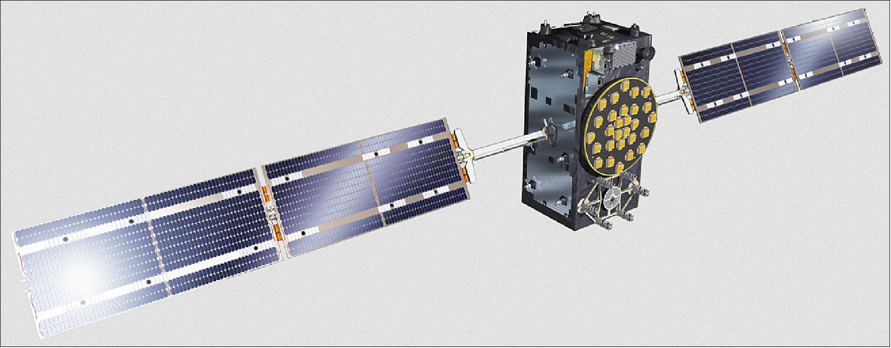 Figure 7: Artist's view of a Galileo FOC (Full Operational Capability) satellite. The complete Galileo constellation will consist of 24 satellites along three orbital planes in MEO (Medium Earth Orbit, plus two spares per orbit). The result will be Europe’s largest ever fleet of satellites, operating in the new environment of MEO (image credit: ESA, Pierre Carril)