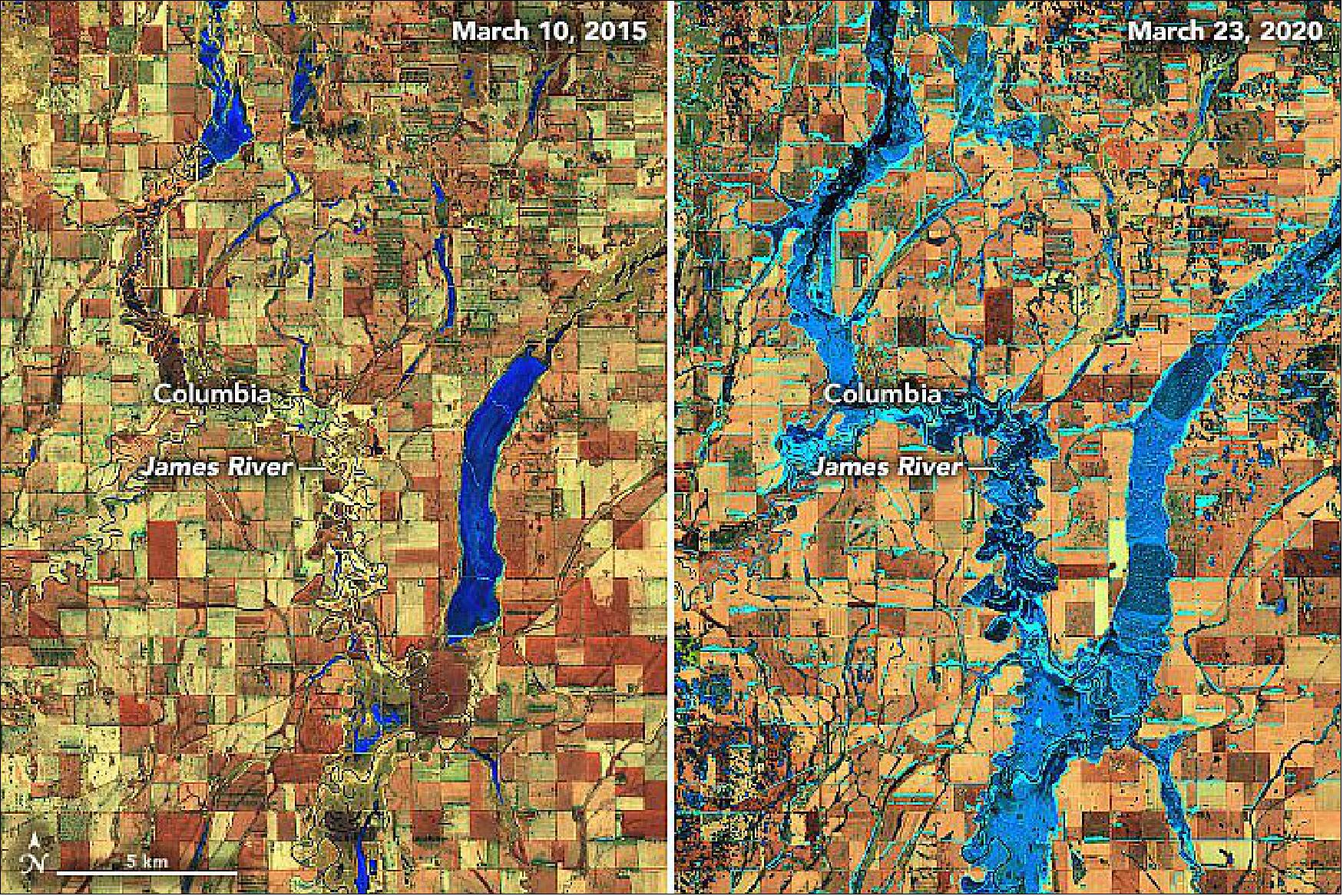 Figure 105: On 23 March 2020, the OLI instrument on Landsat-8 captured an image showing high water levels on the James River, a tributary of the Missouri River in eastern South Dakota. For comparison, the second Landsat image (left) shows the same area during a more typical spring in March 2015. In this false-color view (bands 6-5-4), ice appears light blue. Open water is dark blue (image credit: NASA Earth Observatory images by Joshua Stevens, using Landsat data from the U.S. Geological Survey, Story by Adam Voiland)