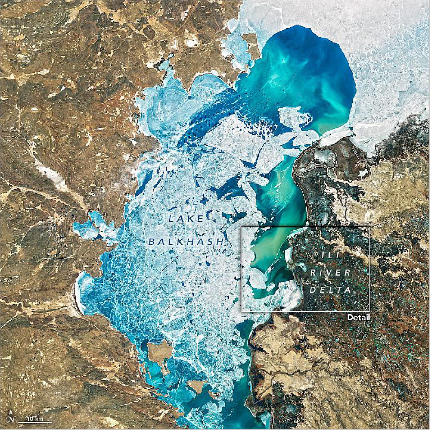 Figure 104: OLI image of Lake Balkhash with the insert of the Ili River Delta acquired ion 7 March 2020 (image credit: NASA Earth Observatory)