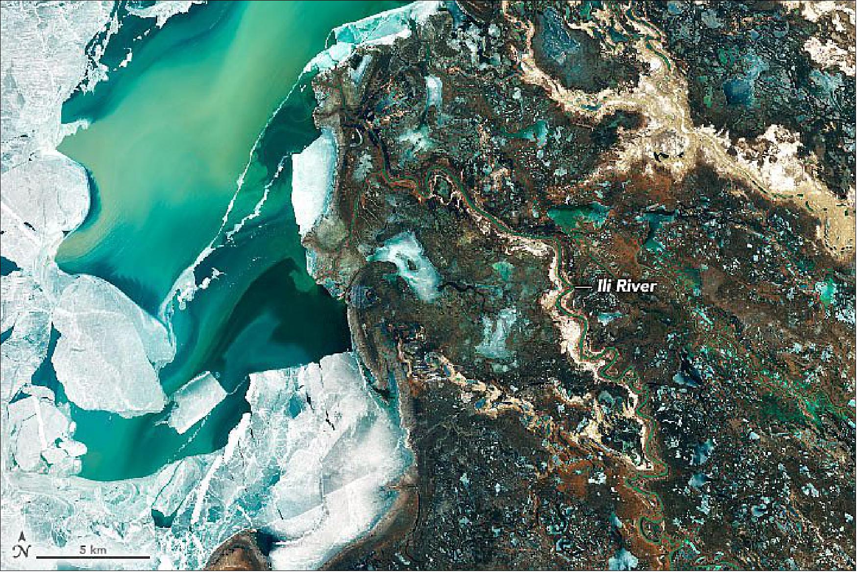Figure 103: When OLI on Landsat-8 acquired this natural-color image on March 7, 2020, the delta was just starting to shake off the chill of winter. While many of the delta’s lakes and ponds were still frozen, the ice on Lake Balkhash was breaking up, revealing swirls of sediment and the shallow, sandy bed of the western part of the lake. Over the deeper eastern part of the lake, ice persisted until the last week of March (image credit: NASA Earth Observatory, images by Joshua Stevens, using Landsat data from the U.S. Geological Survey. Story by Adam Voiland)