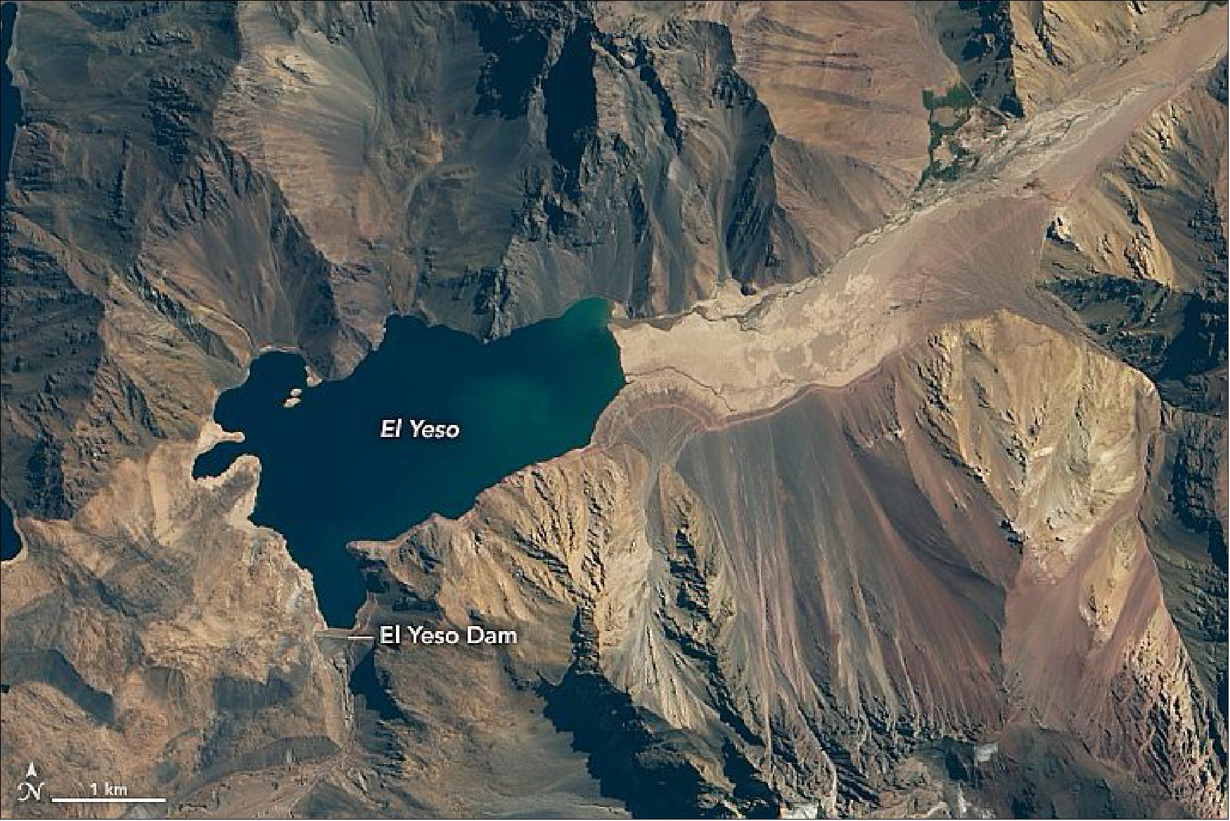 Figure 102: As a persistent drought drags on, water levels are dropping at a key reservoir that supplies Santiago. OLI image on Landsat-8 of the El Yeso reservoir acquired on 14 March 2020 (image credit: NASA Earth Observatory, images by Lauren Dauphin, using Landsat data from the U.S. Geological Survey. Story by Adam Voiland)