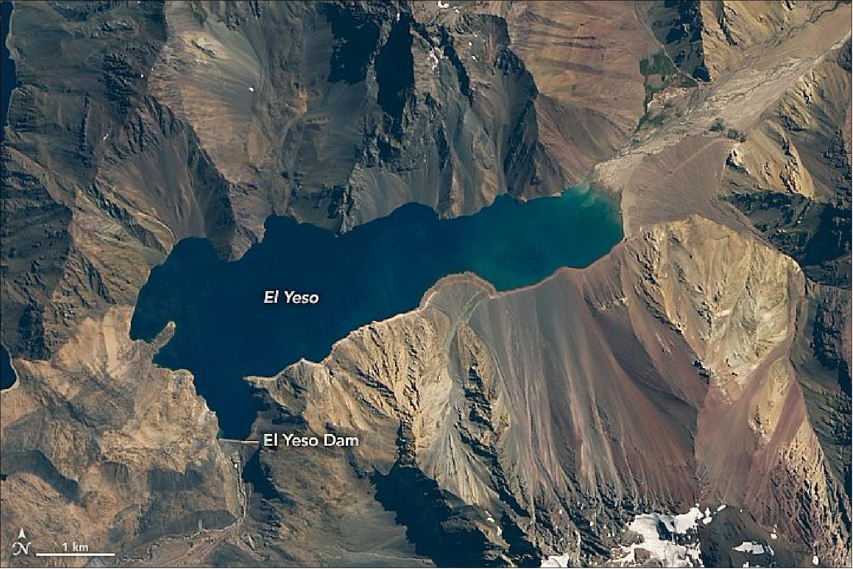 Figure 101: Image of the El Yeso reservoir as acquired by OLI on Landsat-8 on 19 March 2016 (image credit: NASA Earth Observatory)