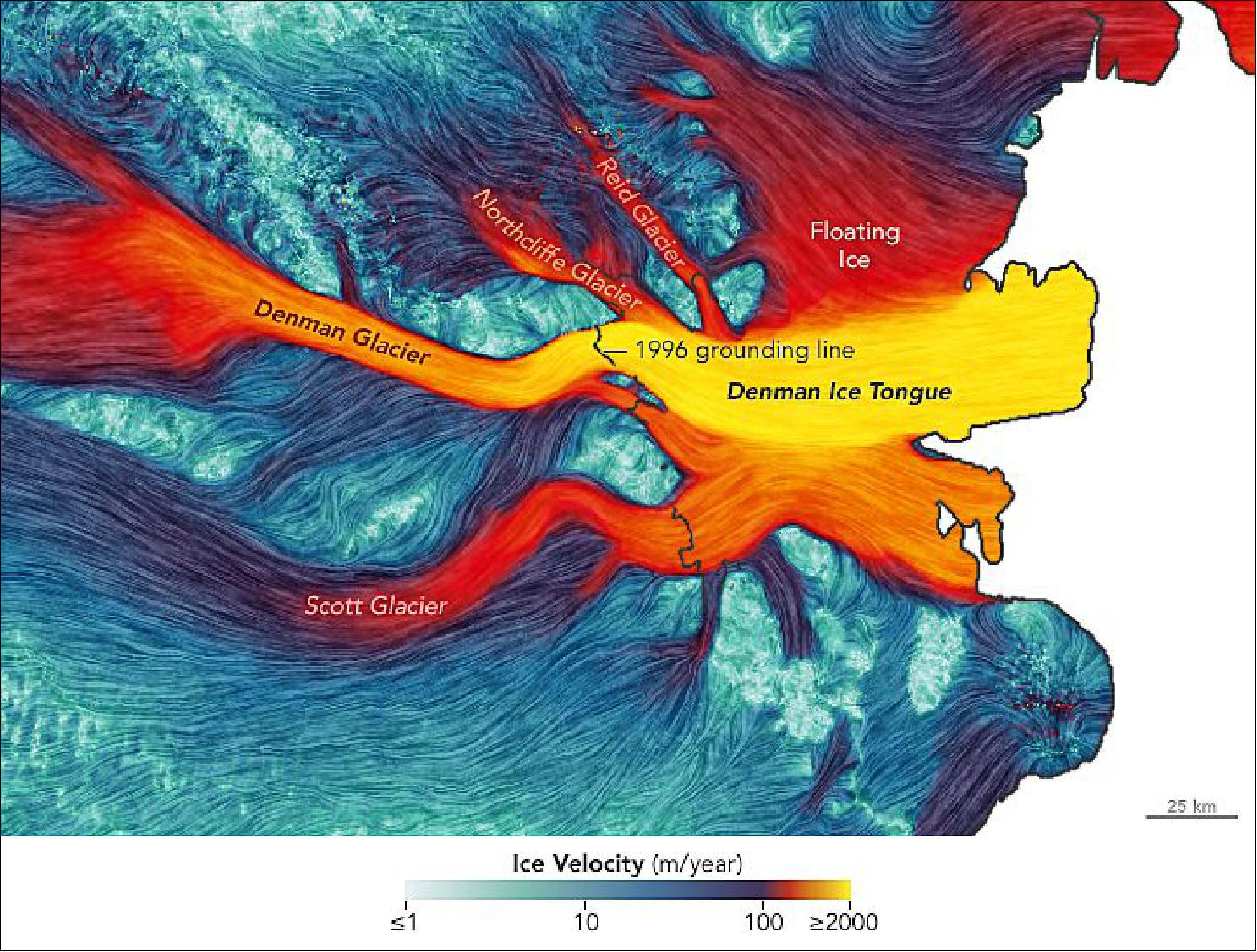 Figure 90: This map depicts the velocity of the ice surfaces on and around Denman Glacier, as measured by the JPL/UCI team. Ice flows from left (grounded ice) to right (floating ice) in the image. About 24,000 km2 (9,000 square miles) of Denman floats on the ocean, mostly on the Shackleton Ice Shelf and Denman Ice Tongue. That floating ice has been melting from the bottom up at a rate of about 3 meters annually. These measurements, as well as the grounding line and seafloor measurements above, were made through the use of synthetic aperture radar data from the German Aerospace Center’s TanDEM-X satellite and the Italian COSMO-SkyMed satellites, as well laser altimetry data from NASA’s Operation IceBridge (image credit: NASA Earth Observatory)