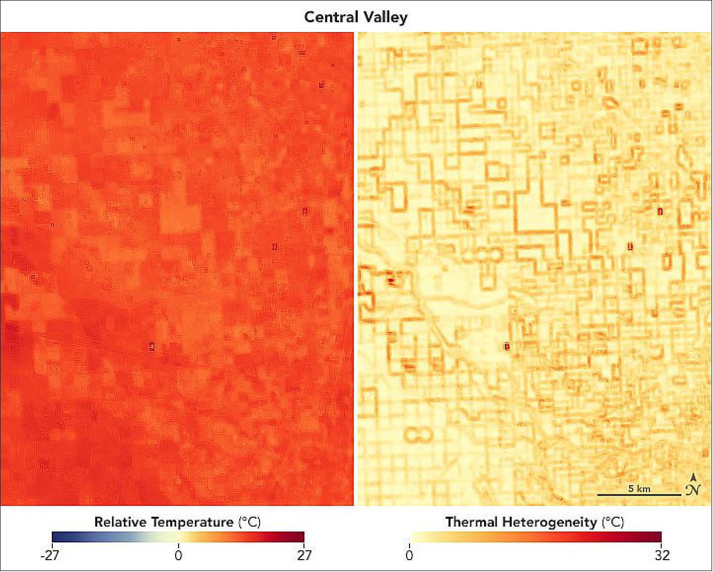 Figure 82: This image pair shows relative temperature (left) and thermal heterogeneity (right) in California’s Central Valley in the period 2013-2018. They show that differences in temperature are not just driven by differences in elevation; they can also be influenced by the region’s farms and orchards (image credit: NASA Earth Observatory)