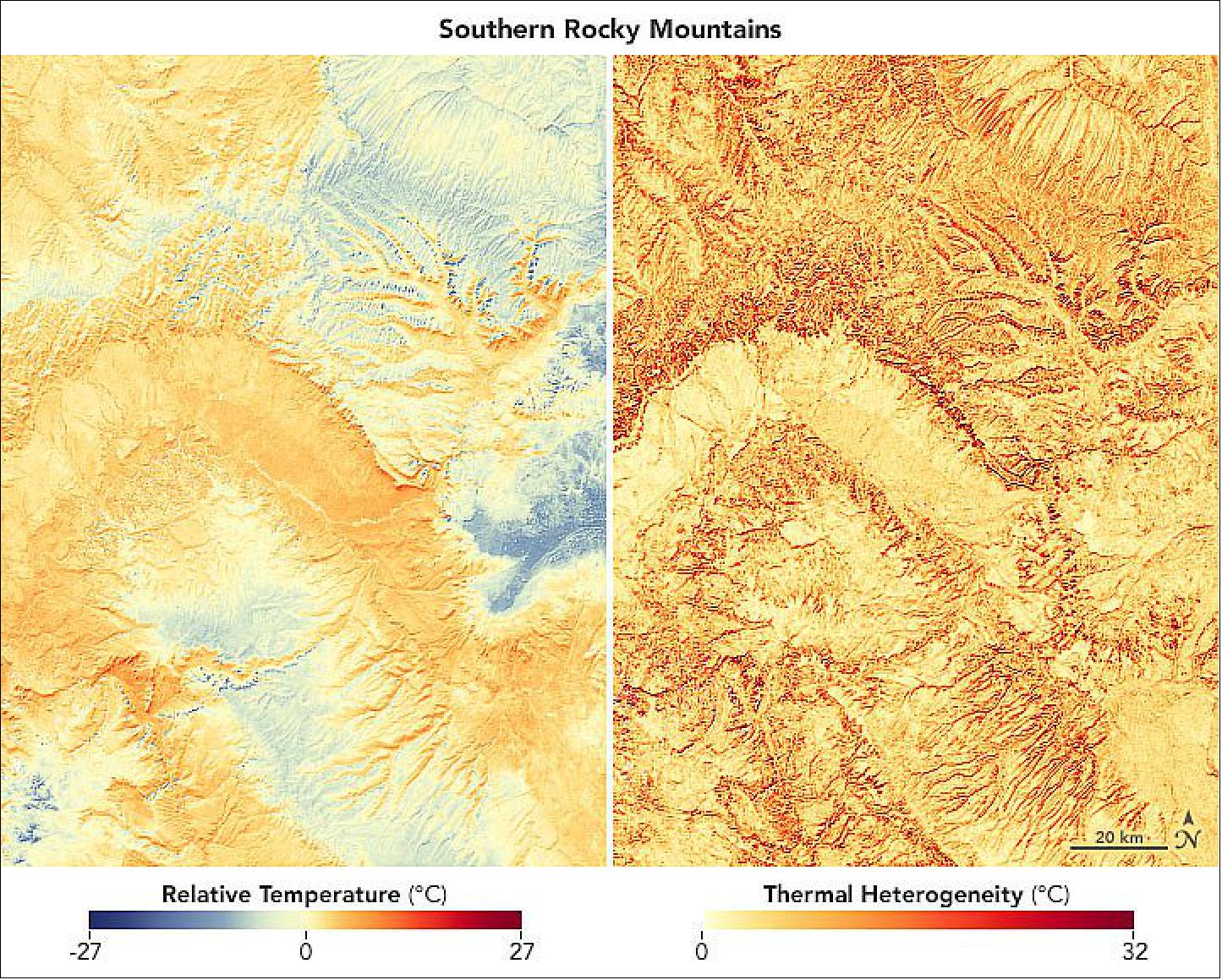 Figure 81: This detailed map pair shows relative temperature (left) and thermal heterogeneity (right) in the southern Rocky Mountains in the period 2013-2018. Note the large temperature variations. This is common in mountain environments, where temperatures can change over very short distances due to factors such as elevation (image credit: NASA Earth Observatory)