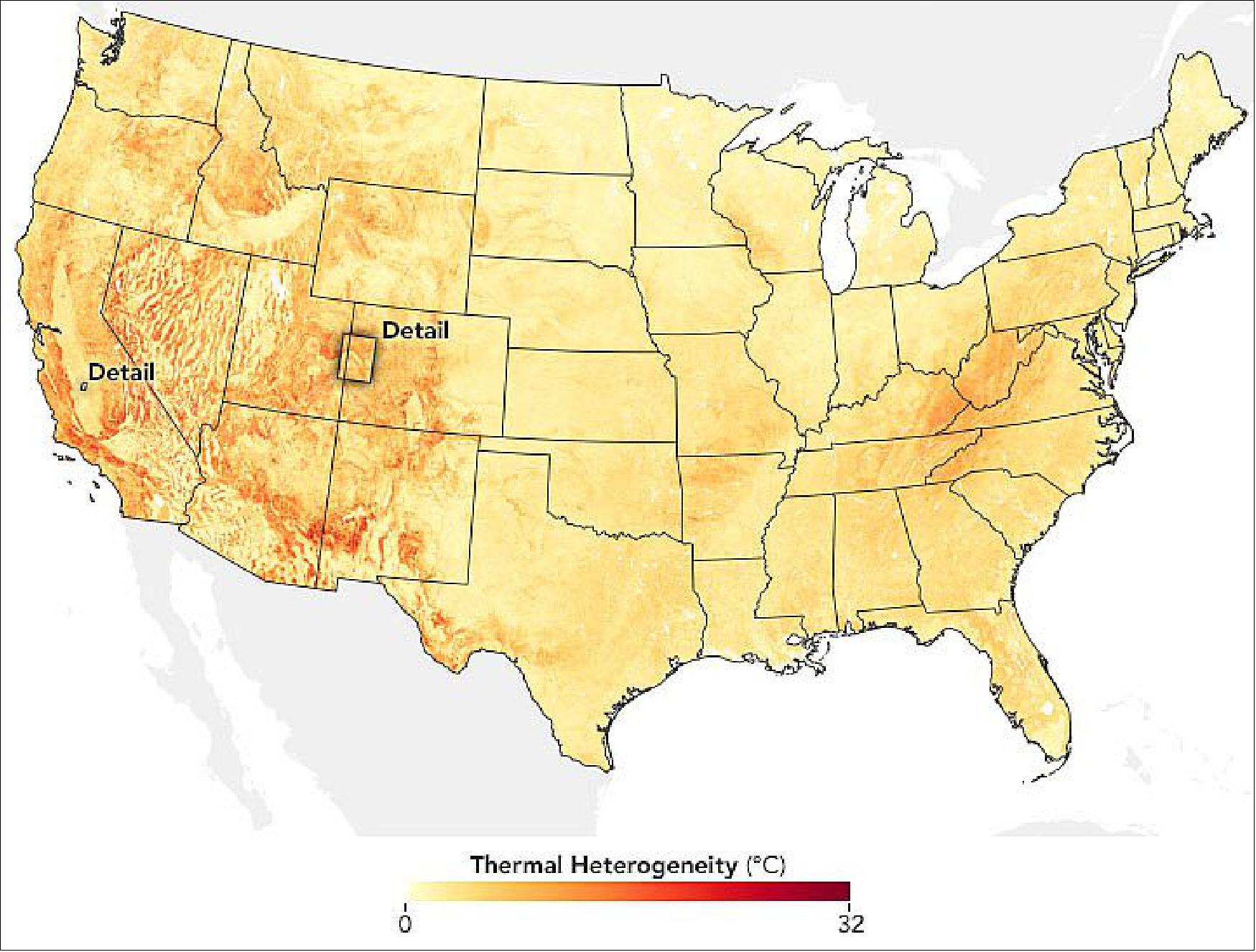 Figure 80: This map, also derived from TIRS data, shows the magnitude of these temperature differences, or “thermal heterogeneity”—that is, how much temperatures differ across small distances in the landscape. Higher values (red) indicate a greater temperature difference and lower values (yellow) indicate temperatures that are relatively similar. The map shows that the largest differences tend to occur around mountains. Again, the pattern is intuitive: when you are hiking a mountain, the temperature can change drastically as you gain or lose elevation (image credit: NASA Earth Observatory)