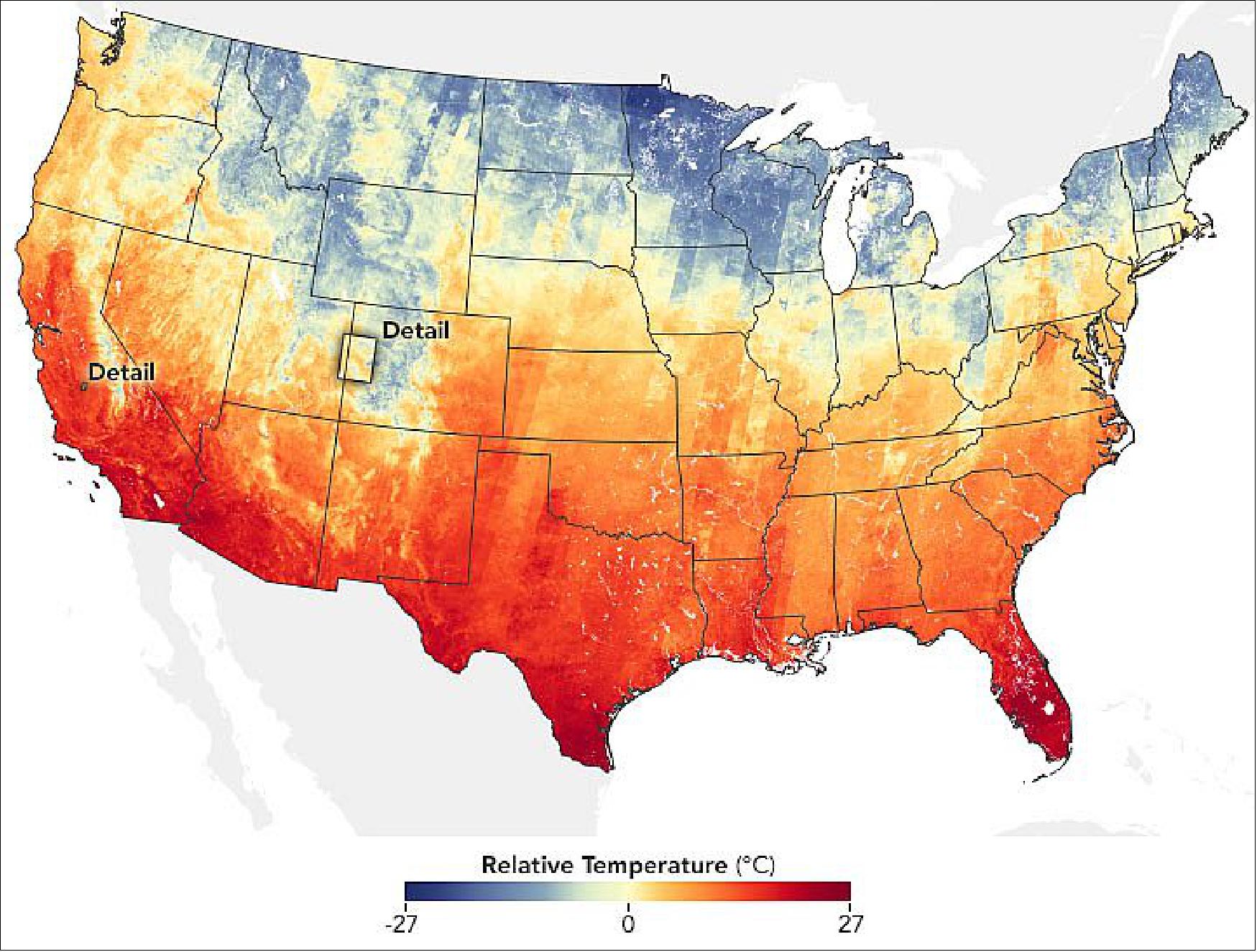 Figure 79: This map shows relative temperatures during the winter across the United States in the period 2013-2018. Note that the temperatures are not quite the same as you would measure from the ground; rather, they show where temperatures are warmer (red) or cooler (blue) than the median temperature detected. The most obvious pattern that emerges is an intuitive one—the country is generally warmer in the south and colder in the north (image credit: NASA Earth Observatory ,images by Joshua Stevens, using Landsat data courtesy of Elsen, P., et al. (2020). Story by Kathryn Hansen)