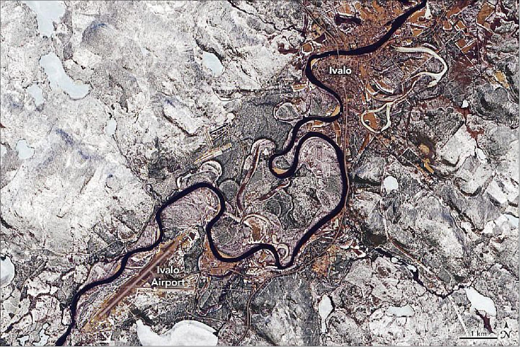 Figure 78: This natural-color image shows the area around Ivalo, Finland, on May 25, 2020. While some land remains frozen, other portions have become muddy with melt water. The image was acquired by the Operational Land Imager (OLI) on Landsat-8. The extent of the flooding also appears in images by satellites using synthetic-aperture radar (image credit: NASA Earth Observatory, image by Joshua Stevens, using Landsat data from the U.S. Geological Survey. Story by Kasha Patel)