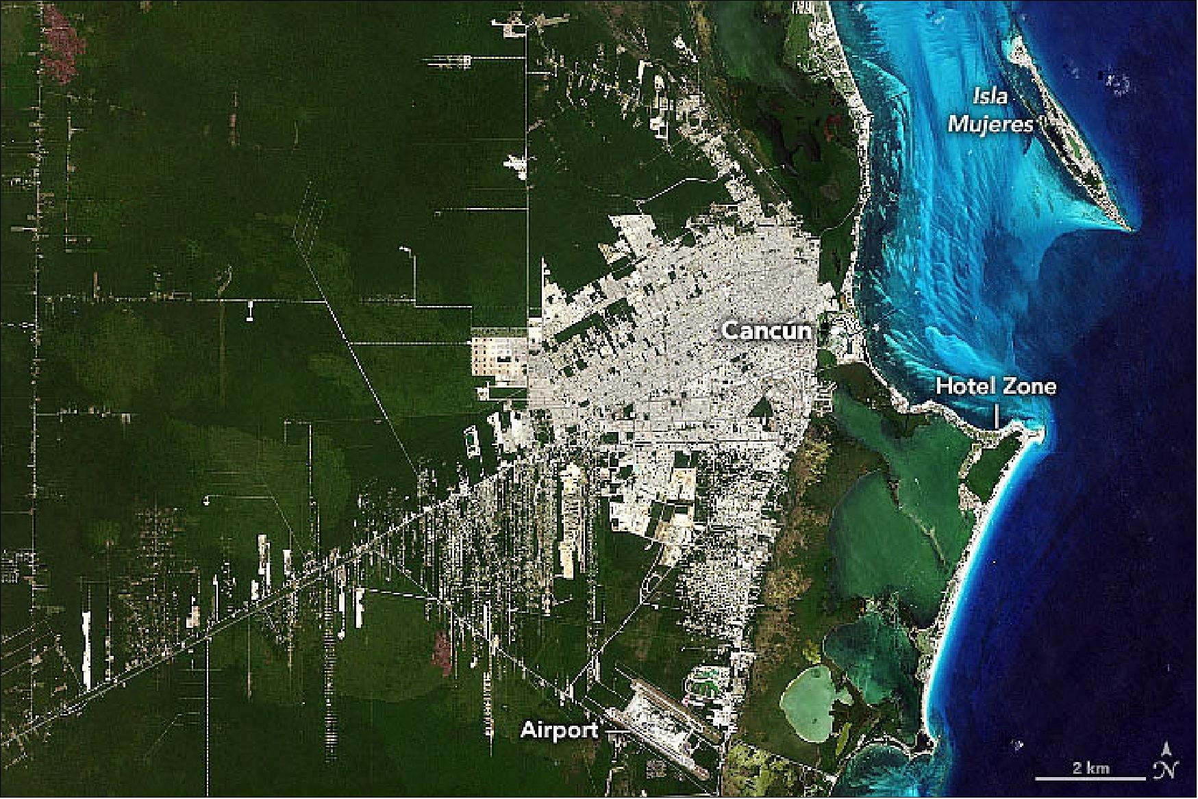 Figure 131: Image of Cancún acquired by the OLI instrument on Landsat-8 on 11 April 2019 (image credit: NASA, image by Allison Nussbaum, using Landsat data from the U.S. Geological Survey. Story by Kasha Patel)