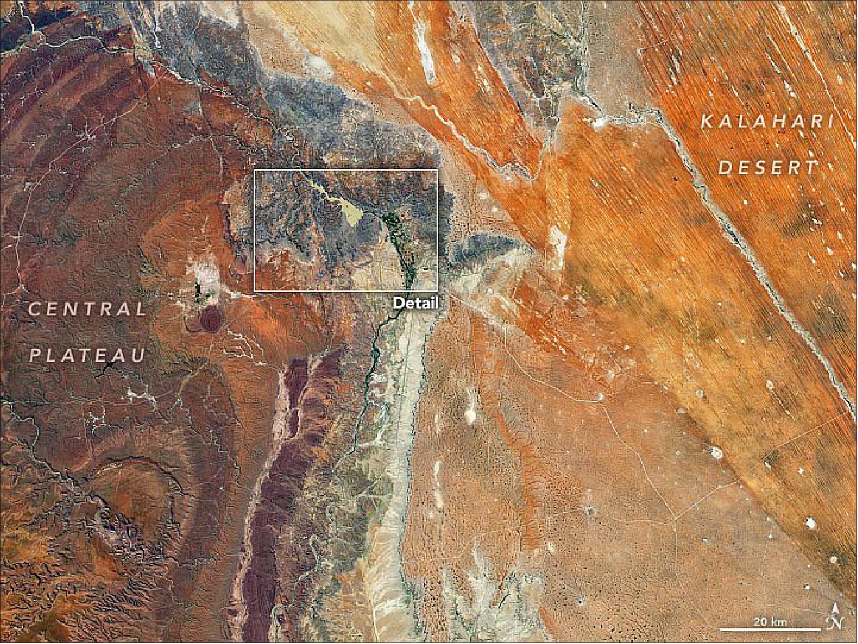 Figure 70: Detail map of Namibia. This image shows the convergence of two contrasting geologic regions near the town of Mariental in south-central Namibia. The semi-arid sandy savannah of the Kalahari Desert lies to the east of the town, while the rocky plains of the Central Plateau are located to the west. The image was acquired on May 9, 2020, by the Operational Land Imager (OLI) on Landsat-8 (image credit: NASA Earth Observatory, images by Joshua Stevens, using Landsat data from the U.S. Geological Survey. Story by Kasha Patel)
