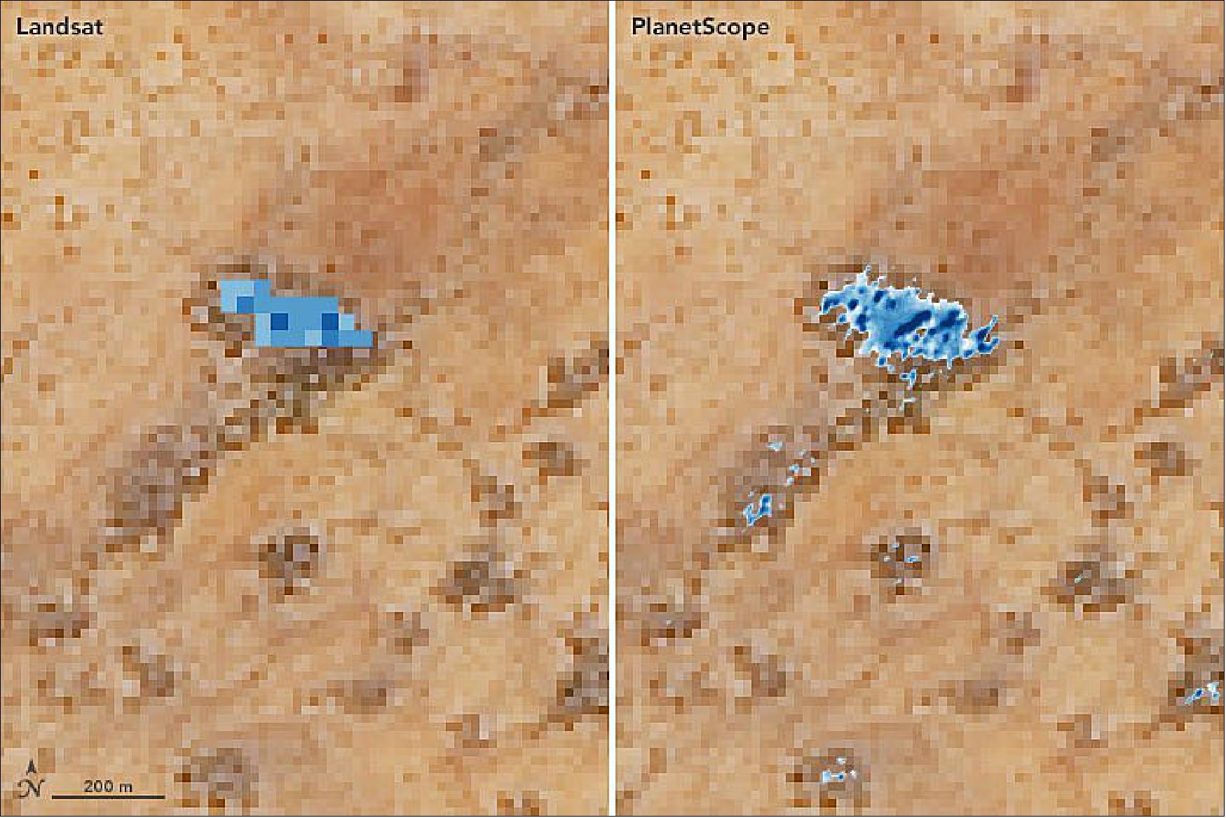 Figure 68: This data visualization shows how Landsat-8 (left) and PlanetScope (right) infrared observations allow researchers to find water that is otherwise hard to spot (image credit: NASA Earth Observatory)