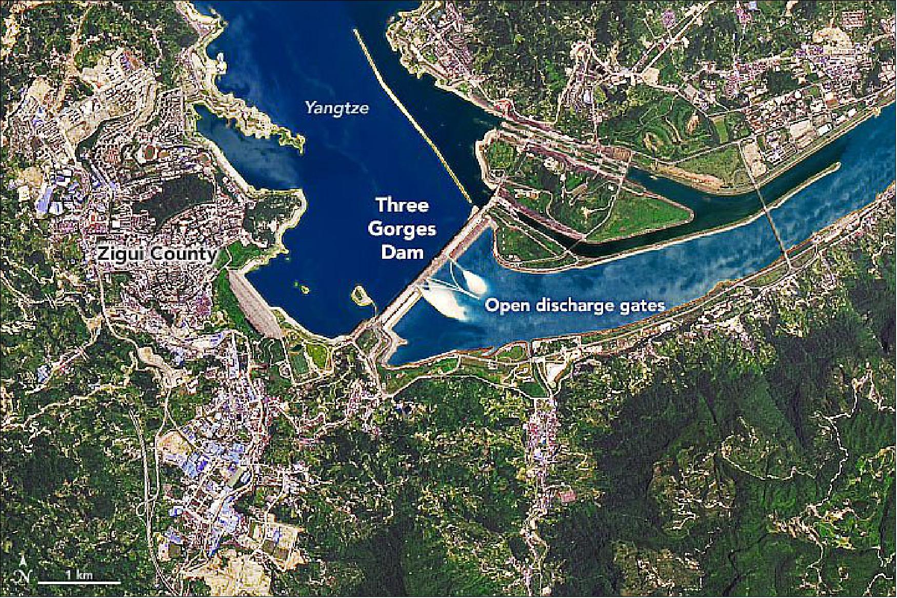 Figure 62: This image shows water moving through the gates of Three Gorges Dam. Spanning a segment of the Yangtze River in central China’s Hubei Province, the dam is 2300 meters long and stands 185 meters high (image credit: NASA Earth Observatory images by Joshua Stevens, using Landsat data from the U.S. Geological Survey. Story by Kathryn Hansen)