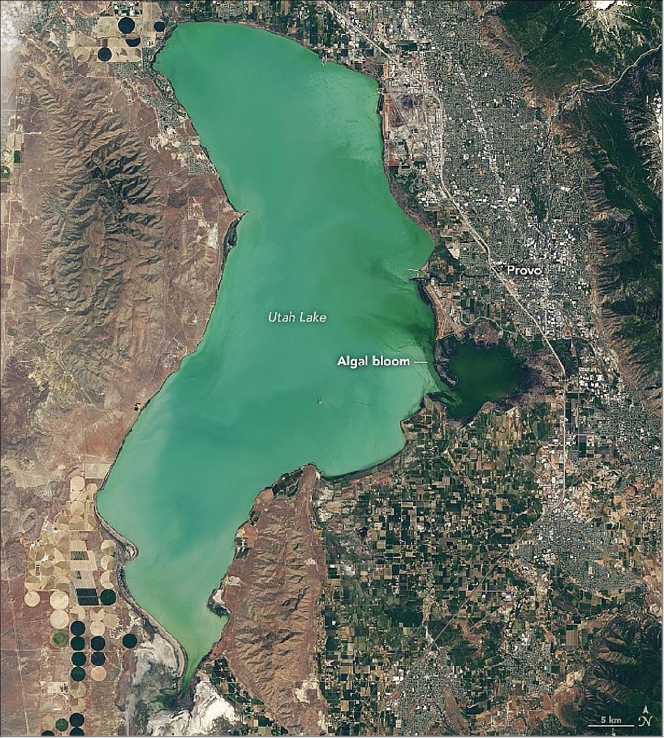 Figure 57: This image, acquired by the Operational Land Imager on Landsat 8, shows Utah Lake as it appeared in natural color on June 20, 2017 (image credit: NASA Earth Observatory, images by Lauren Dauphin, using Landsat data from the U.S. Geological Survey and data courtesy of Blake Schaeffer/EPA from Stroming, Signe, et al. (2020). Story by Aries Keck, NASA Earth Science Applied Sciences, with Mike Carlowicz)