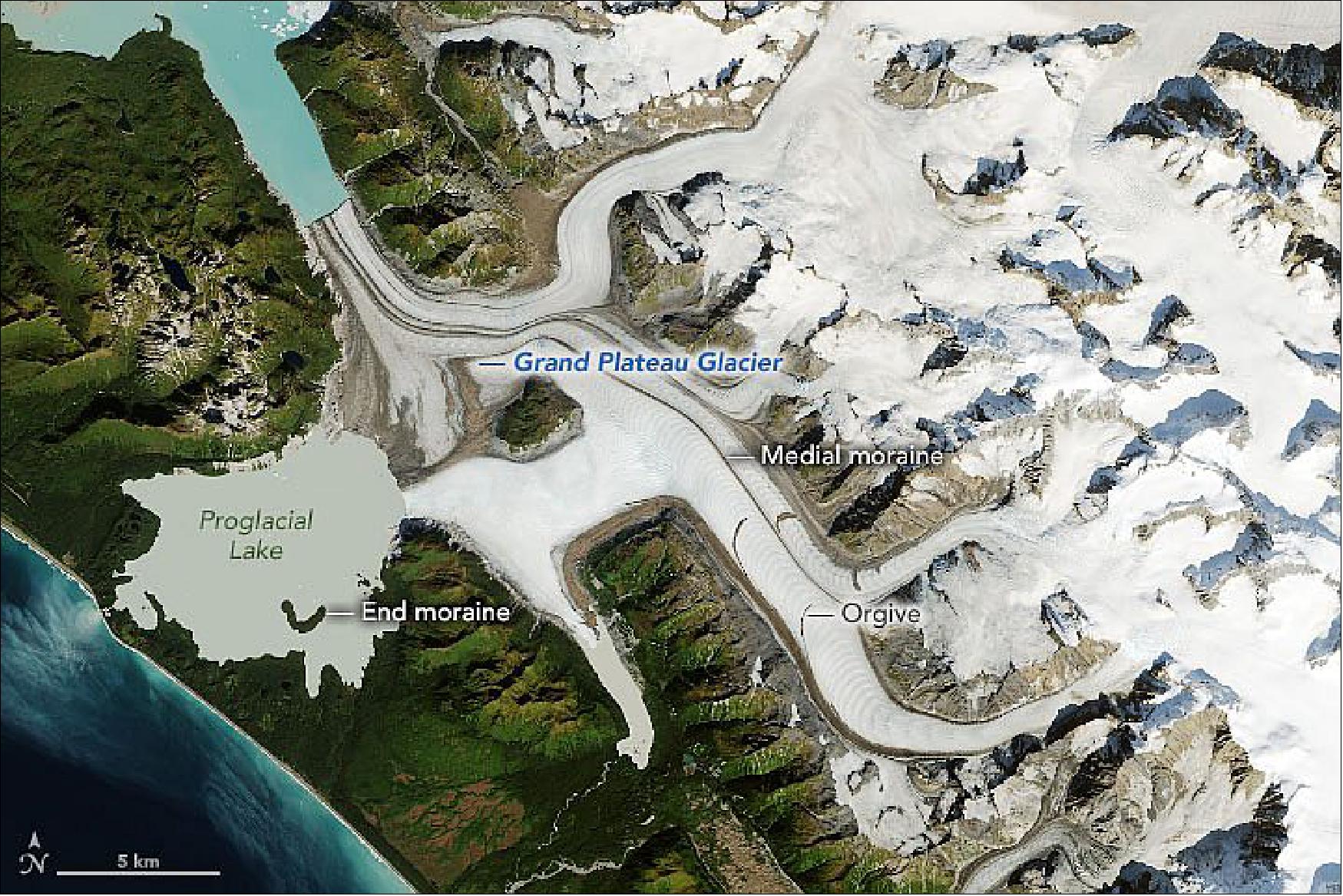 Figure 55: This image of the remote Grand Plateau Glacier, located about 50 km west of Glacier Bay across the Fairweather Range, was acquired on September 17, 2019, with Landsat-8 (image credit: NASA Earth Observatory)