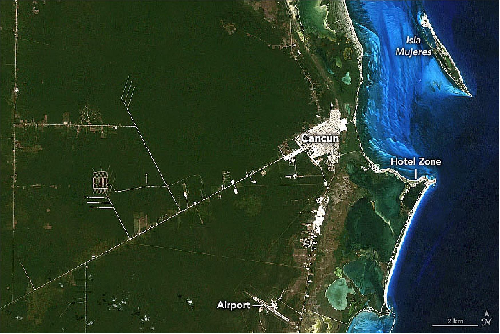 Figure 130: Image of Cancún acquired by the TM instrument of Landsat-5 on 28 March 1985 (image credit: NASA, image by Allison Nussbaum, using Landsat data from the U.S. Geological Survey. Story by Kasha Patel)