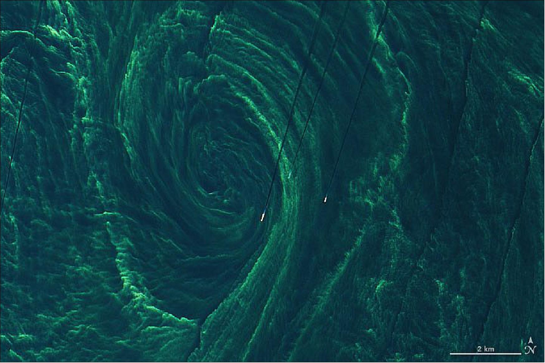 Figure 48: These natural-color images, acquired on August 15, 2020, with the Operational Land Imager (OLI) on Landsat 8, show a late-summer phytoplankton bloom swirling in the Baltic Sea. The images feature part of a bloom located between Öland and Gotland, two islands off the coast of southeast Sweden. Note the dark, straight lines crossing the detailed image: these are the wakes of ships cutting through the bloom (image credit: NASA Earth Observatory images by Joshua Stevens, using Landsat data from the U.S. Geological Survey. Story by Kathryn Hansen, with image interpretation by Norman Kuring/NASA GSFC, Ajit Subramaniam/LDEO/Columbia University, and Maren Voss/Leibniz Institute for Baltic Sea Research Warnemuende)