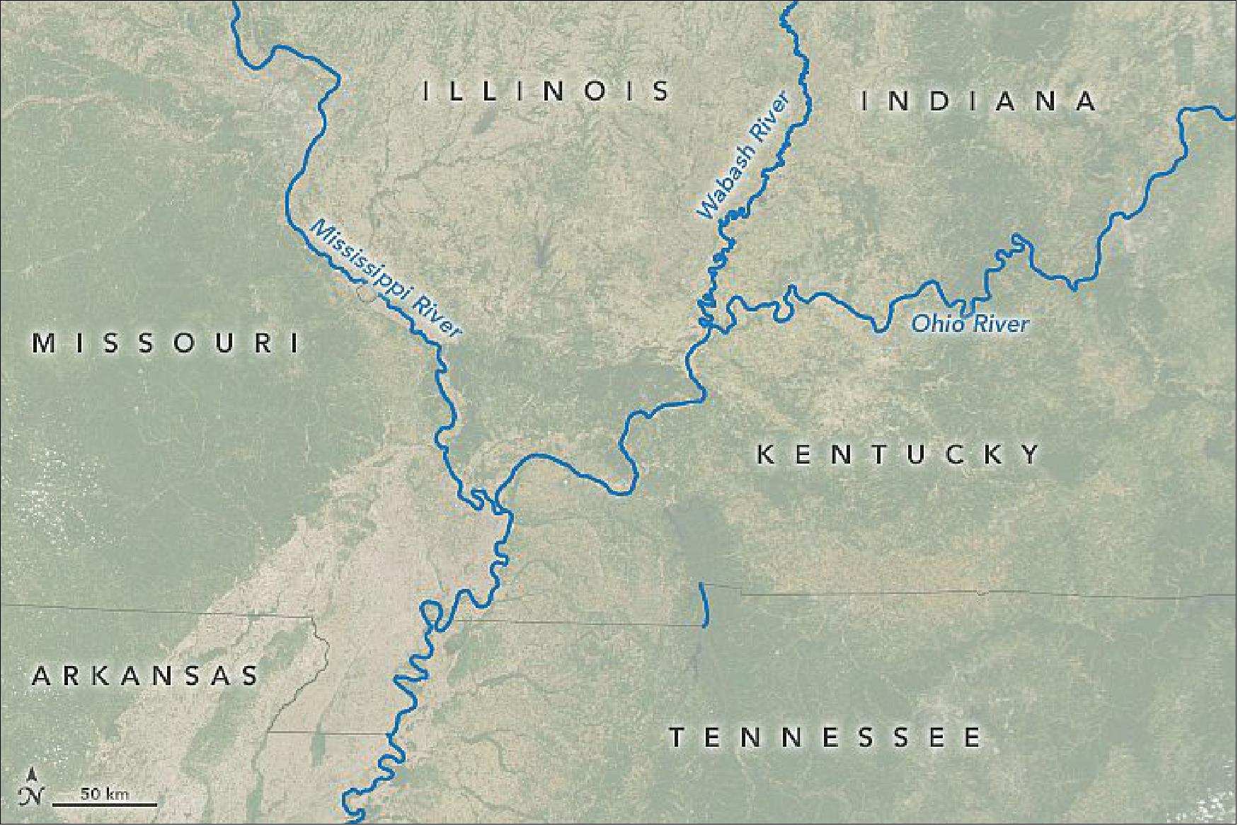 Figure 40: The MODIS instrument on NASA’s Terra satellite acquired an image of the confluence of the Mississippi and Ohio rivers, a place where Kentucky, Illinois, and Missouri come together in a tripoint. A few hundred kilometers upstream there is another tripoint where the Wabash River joins the Ohio River and Kentucky, Illinois, and Indiana come together (image credit: NASA Earth Observatory)