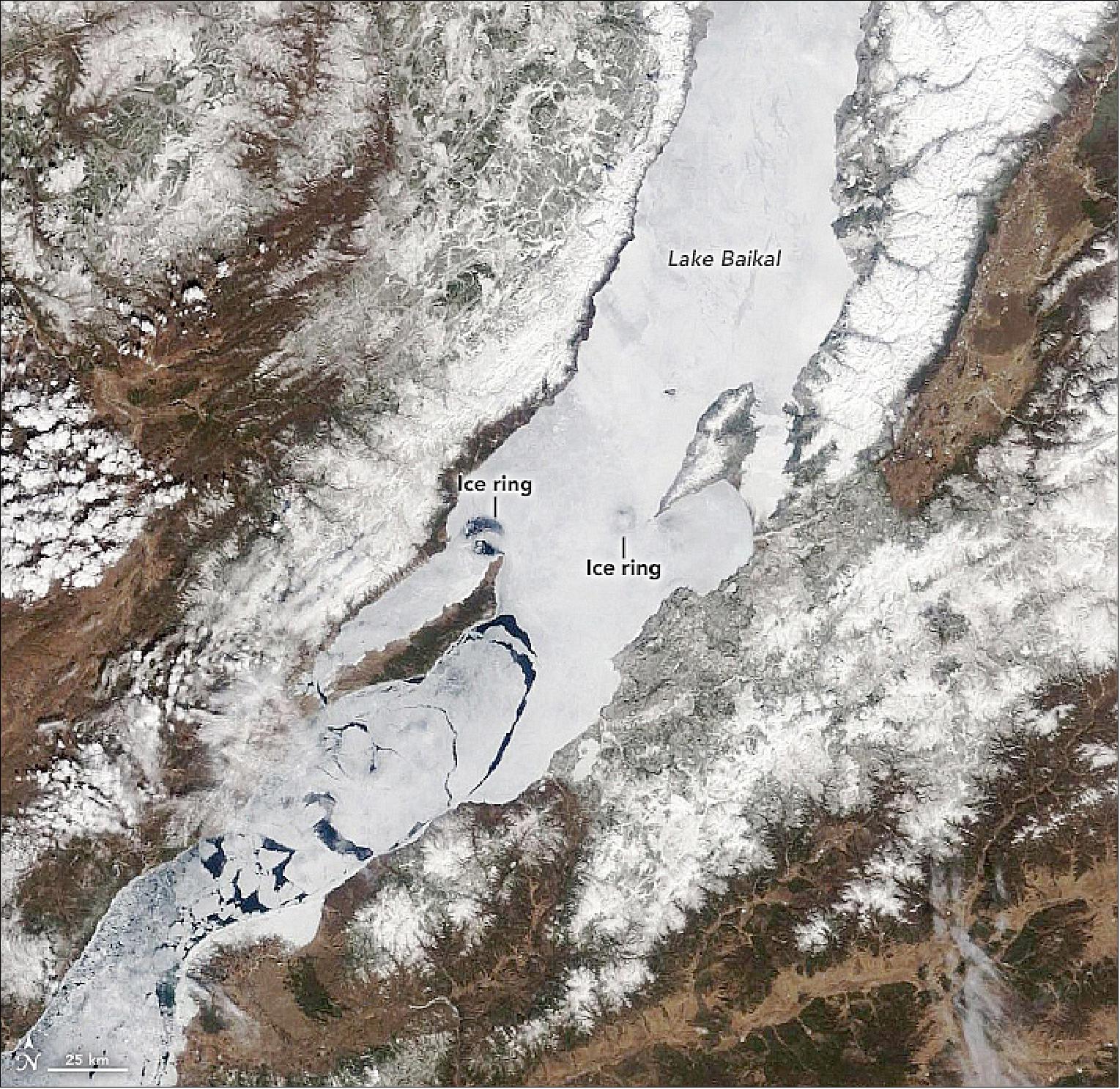 Figure 129: On April 25, 2019, the MODIS (Moderate Resolution Imaging Spectroradiometer) instrument on NASA’s Terra satellite acquired an image of the most recent Baikal ice rings detected by satellites (image credit: NASA Earth Observatory, image by Lauren Dauphin, using MODIS data from NASA EOSDIS/LANCE and GIBS/Worldview)