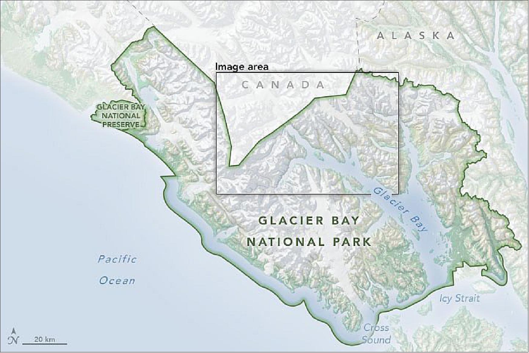 Figure 37: The glaciers are all located in the West Arm of Glacier Bay, part of the Y-shaped inlet that is home to the majority of the park’s tidewater glaciers. Until the late 1980s, the park’s daily tour boat cruised up the bay’s East Arm for close-up views of tidewater glaciers—so-called because they flow directly into seawater. But the retreat of the East Arm glaciers onto land has sent tour boat operators into the West Arm instead, where a handful of impressive glaciers still touch the sea (image credit: NASA Earth Observatory)