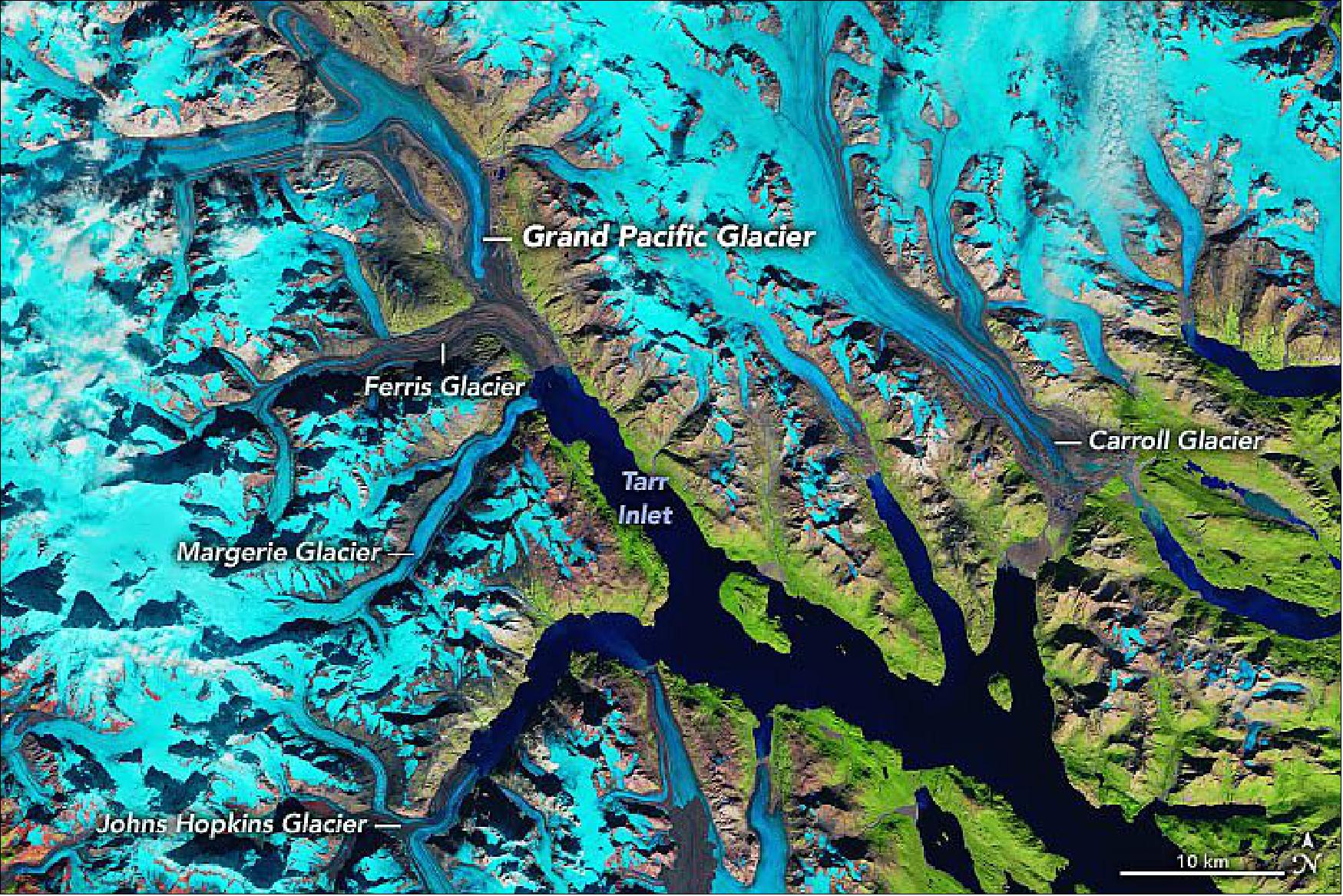 Figure 36: Landsat-8 image of the west arm of Glacier Bay acquired with OLI (Operational Land Imager) on 17 September 2019 (image credit: NASA Earth Observatory)