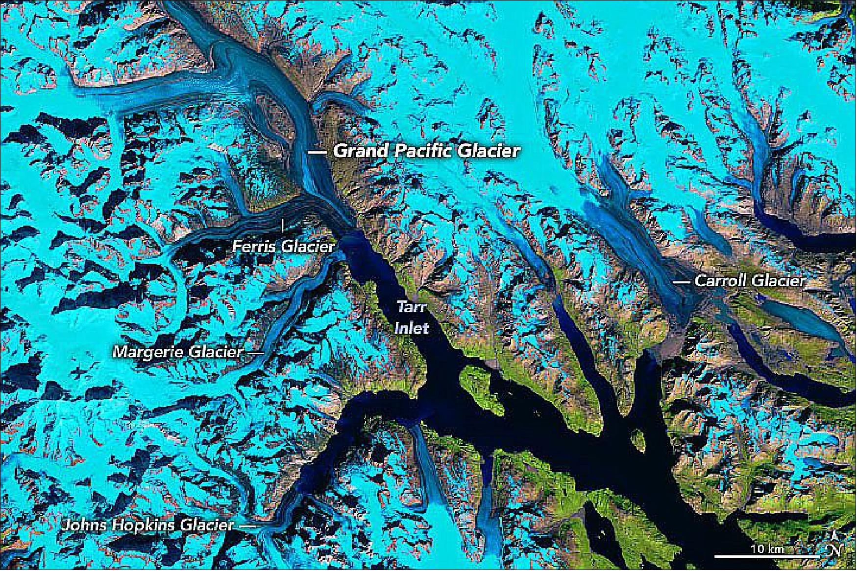 Figure 35: Landsat-5 image of the west arm of Glacier Bay acquired with TM (Thematic Mapper) on 5 September 1986 (image credit: NASA Earth Observatory, images by Joshua Stevens, using Landsat data from the U.S. Geological Survey, topographic data from the Shuttle Radar Topography Mission (SRTM), and land cover data from the Multi-Resolution Land Characteristics (MRLC) Consortium. Story by Kathryn Hansen, inspired by Landsat images prepared by Christopher Shuman (UMBC) for the Earth to Sky partnership between NASA and the National Park Service)