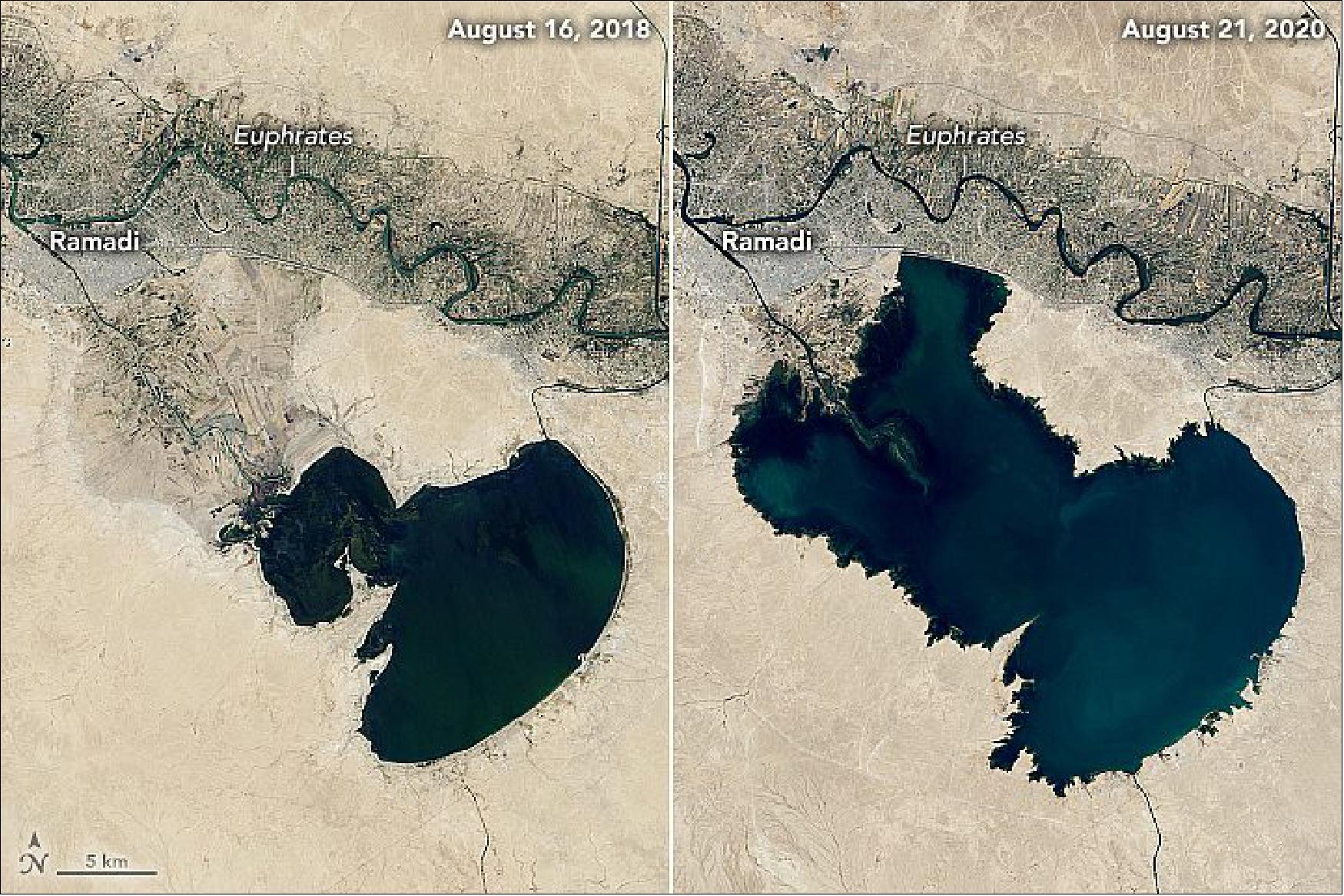 Figure 34: This image shows Habbaniya Lake (also known as Lake Ramadi), as observed by Landsat-8. In the 1980s, Habbaniya was also a popular tourist destination. However, the resort suffered after several conflicts in the 1990s and 2000s. Companies have since tried to revive the vacation spot by rebuilding facilities (image credit: NASA Earth Observatory)