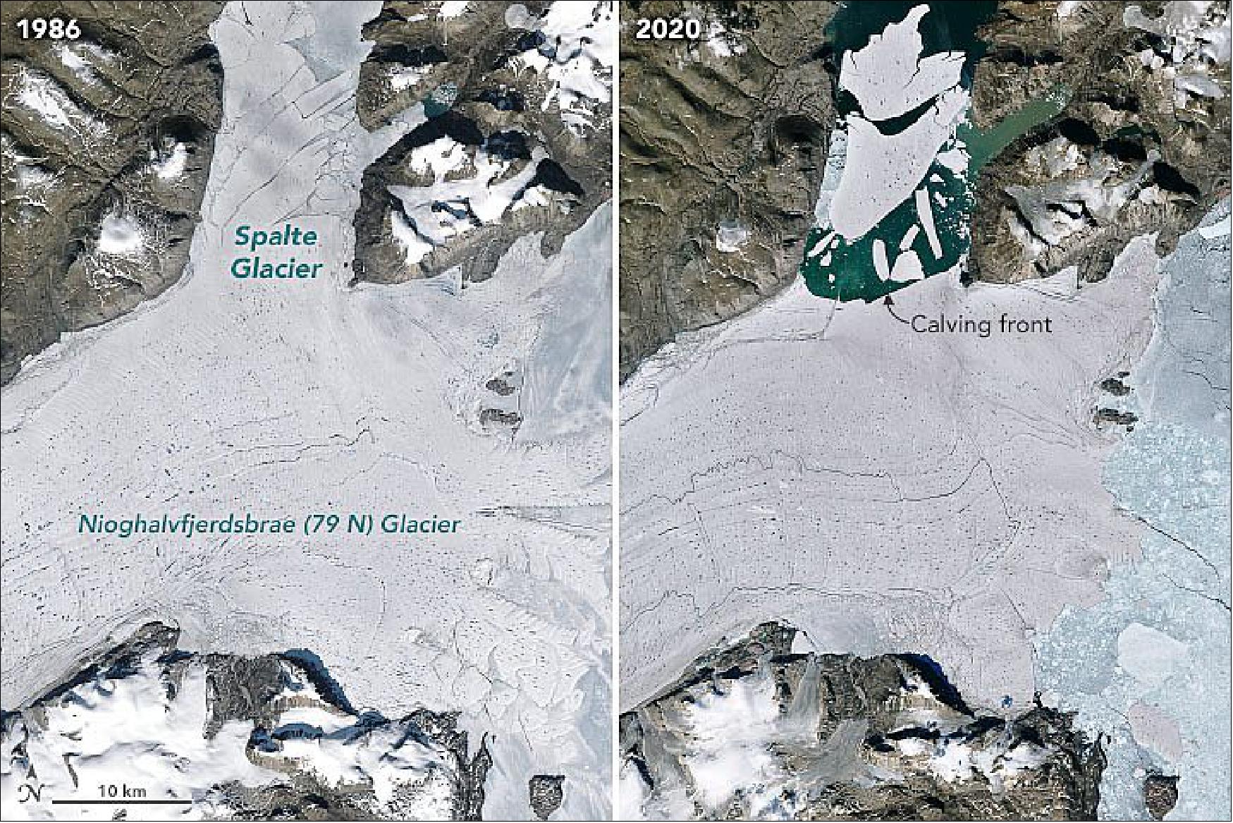 Figure 29: The pair of satellite images show changes in the region across three decades. The right image was acquired with the OLI instrument on Landsat-8 on July 24, 2020, nearly one month after Spalte Glacier broke up. For comparison, the left image from Landsat-5 shows the glacier system on August 16, 1986 (image credit: NASA Earth Observatory images by Joshua Stevens, using Landsat data from the U.S. Geological Survey. Story by Kathryn Hansen)