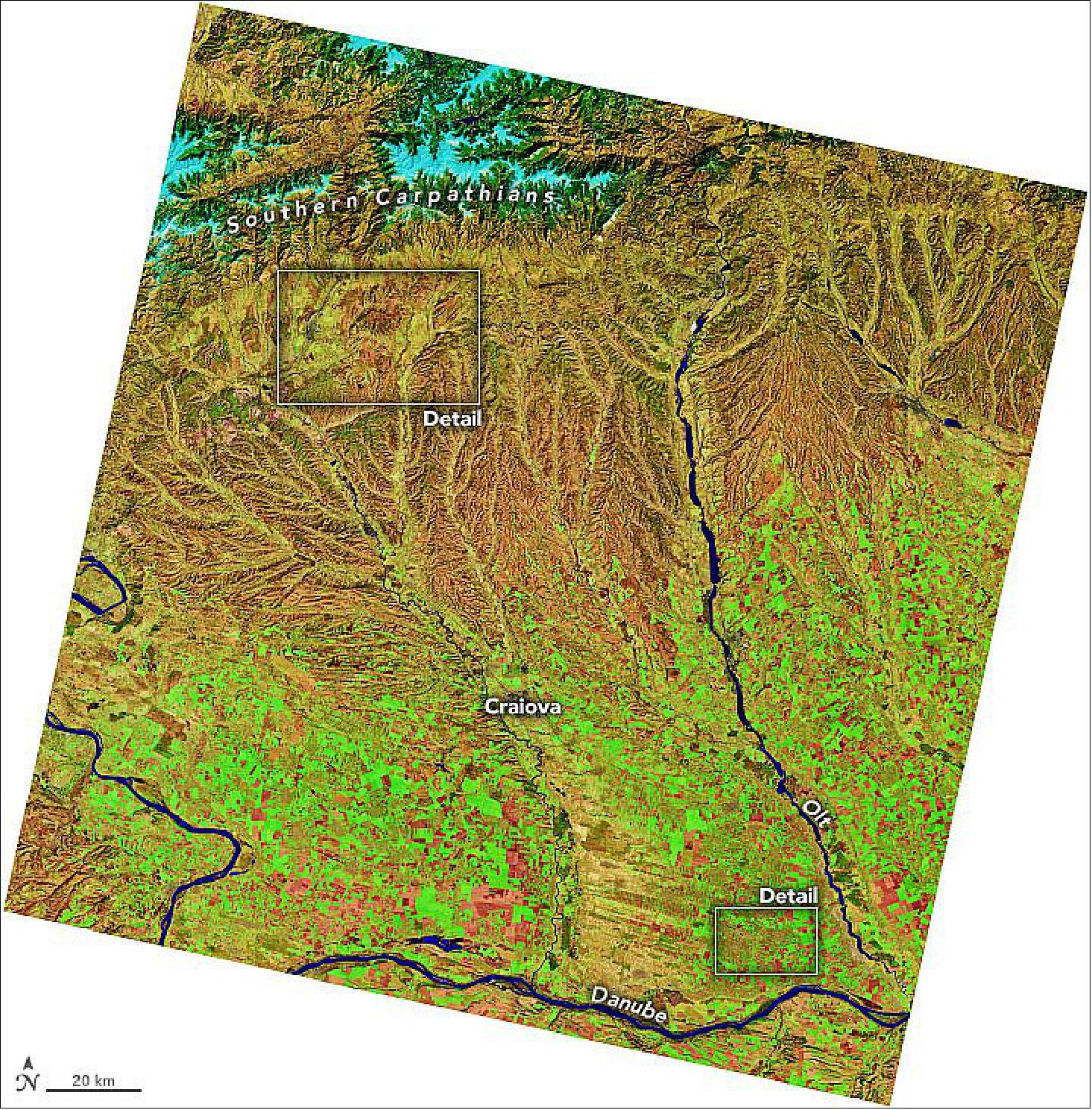 Figure 26: On April 8, 2020, the Operational Land Imager (OLI) on Landsat-8 acquired these images of southwest Romania’s historic Oltenia province. The images are false color (bands 6-5-2) to better distinguish the types of land cover amid the region’s mountains, foothills, and plains (image credit: NASA Earth Observatory, images by Joshua Stevens, using Landsat data from the U.S. Geological Survey. Story by Kathryn Hansen with image interpretation by Dan Bălteanu/Romanian Academy)