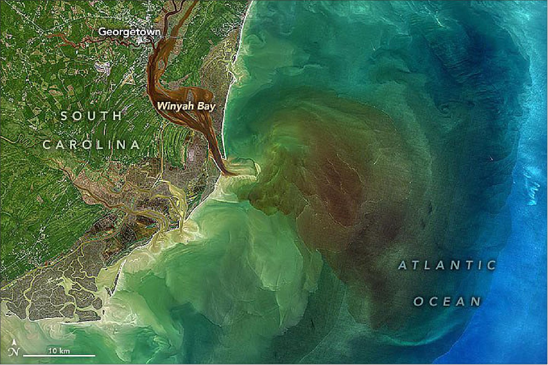 Figure 19: One of the first attempts to set up a permanent European colony in the contiguous United States ended in disaster. After heavy rains, stained floodwaters can get flushed out of swamps and wetlands into the estuary and ocean. That was happening on October 1, 2020, when the Operational Land Imager (OLI) on Landsat-8 acquired this natural-color image of Winyah Bay. Many waterways were swollen following heavy rains from Hurricane Sally. [image credit: NASA image by Norman Kuring/NASA's Ocean Color Web, using Landsat data from the U.S. Geological Survey. Story by Adam Voiland, with information from James Morris (University of South Carolina)]