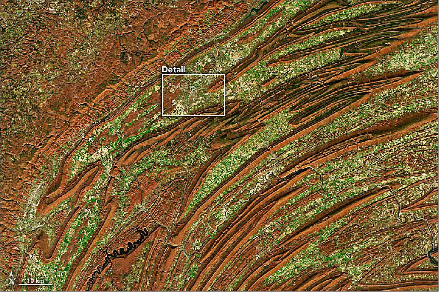 Figure 12: The folded mountains of central Pennsylvania were past peak leaf-peeping but still colorful when the Operational Land Imager (OLI) on the Landsat-8 satellite passed over on November 9, 2020. The natural-color images above show the hilly region around State College, Pennsylvania (image credit: NASA Earth Observatory images by Joshua Stevens, using Landsat data from the U.S. Geological Survey and data from NASA/METI/AIST/Japan Space Systems, and the U.S./Japan ASTER Science Team. Story by Joshua Stevens and Michael Carlowicz)