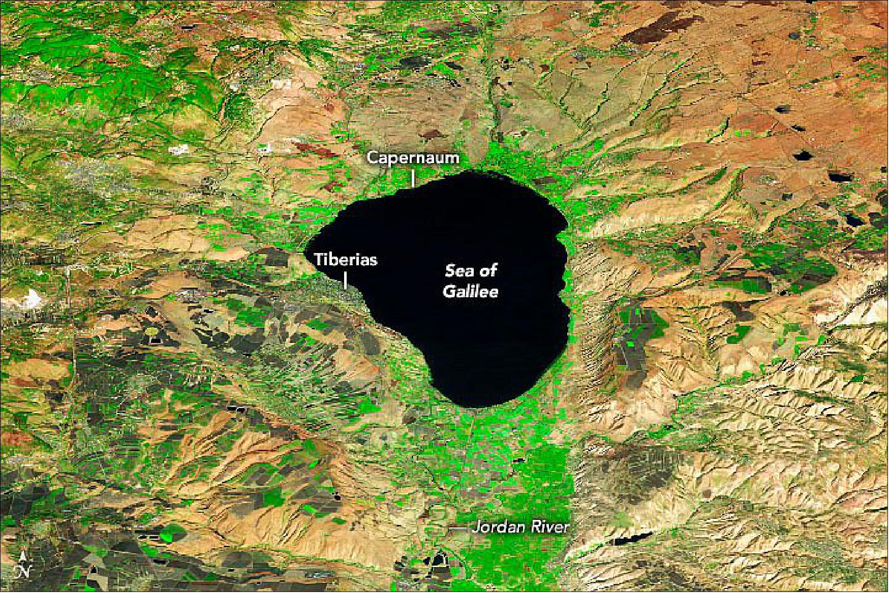 Figure 6: The OLI instrument on Landsat-8 captured this false-color image (bands 6-5-4) of the lake and its surrounding landscape on October 27, 2020. The image was overlaid on a digital elevation model from the Shuttle Radar Topography Mission (SRTM) to give a sense of the topography (image credit: NASA Earth Observatory images by Joshua Stevens, using Landsat data from the U.S. Geological Survey and topographic data from the Shuttle Radar Topography Mission (SRTM). Story by Adam Voiland)
