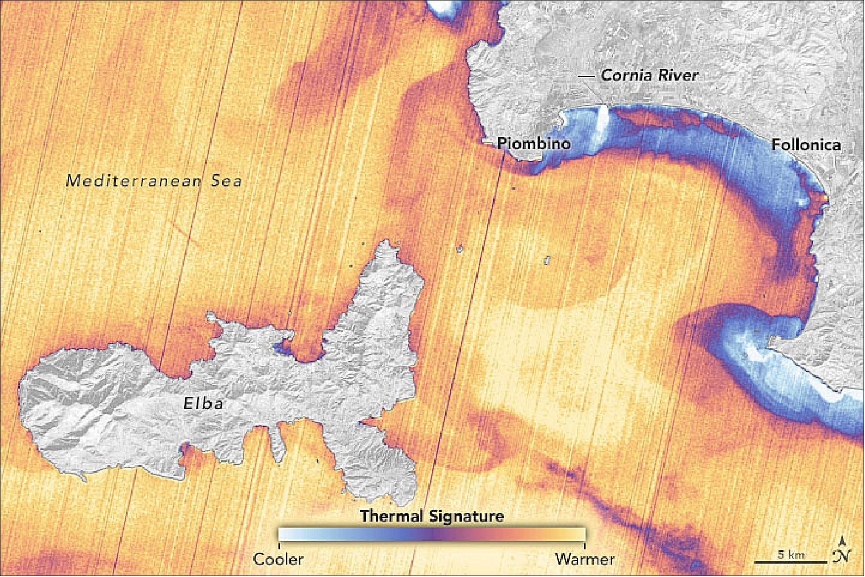 Figure 126: False-color images offer a different but equally compelling view. The Thermal Infrared Sensor (TIRS) on Landsat-8 acquired the second image at the same time that the natural-color image was acquired. TIRS measures the water’s relative warmth (yellows and oranges) and coolness (blues and white). The spatial resolution is lower, but you can still see some of the same swirling patterns (image credit: NASA Earth Observatory, image by Joshua Stevens, using Landsat data from the U.S. Geological Survey. Story by Kathryn Hansen)