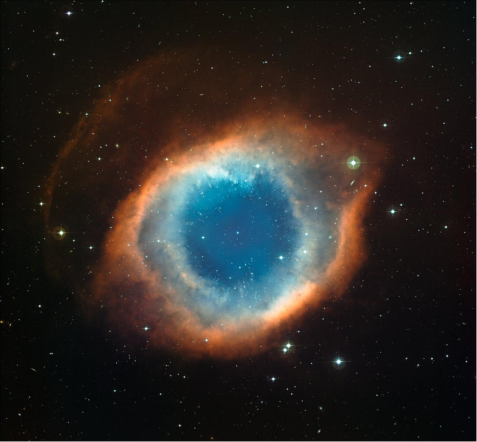 Figure 18: This color-composite image (Figure 18) of the Helix Nebula (NGC 7293) was created from images obtained using the Wide Field Imager (WFI), an astronomical camera attached to the 2.2 m MPG /ESO telescope at the La Silla observatory in Chile. The blue-green glow in the center of the Helix comes from oxygen atoms shining under effects of the intense ultraviolet radiation of the 120 000 degree Celsius central star and the hot gas. Further out from the star and beyond the ring of knots, the red color from hydrogen and nitrogen is more prominent. A careful look at the central part of this object reveals not only the knots, but also many remote galaxies seen right through the thinly spread glowing gas. This image was created from images through blue, green and red filters and the total exposure times were 12 minutes, 9 minutes and 7 minutes, respectively (image credit: ESO)