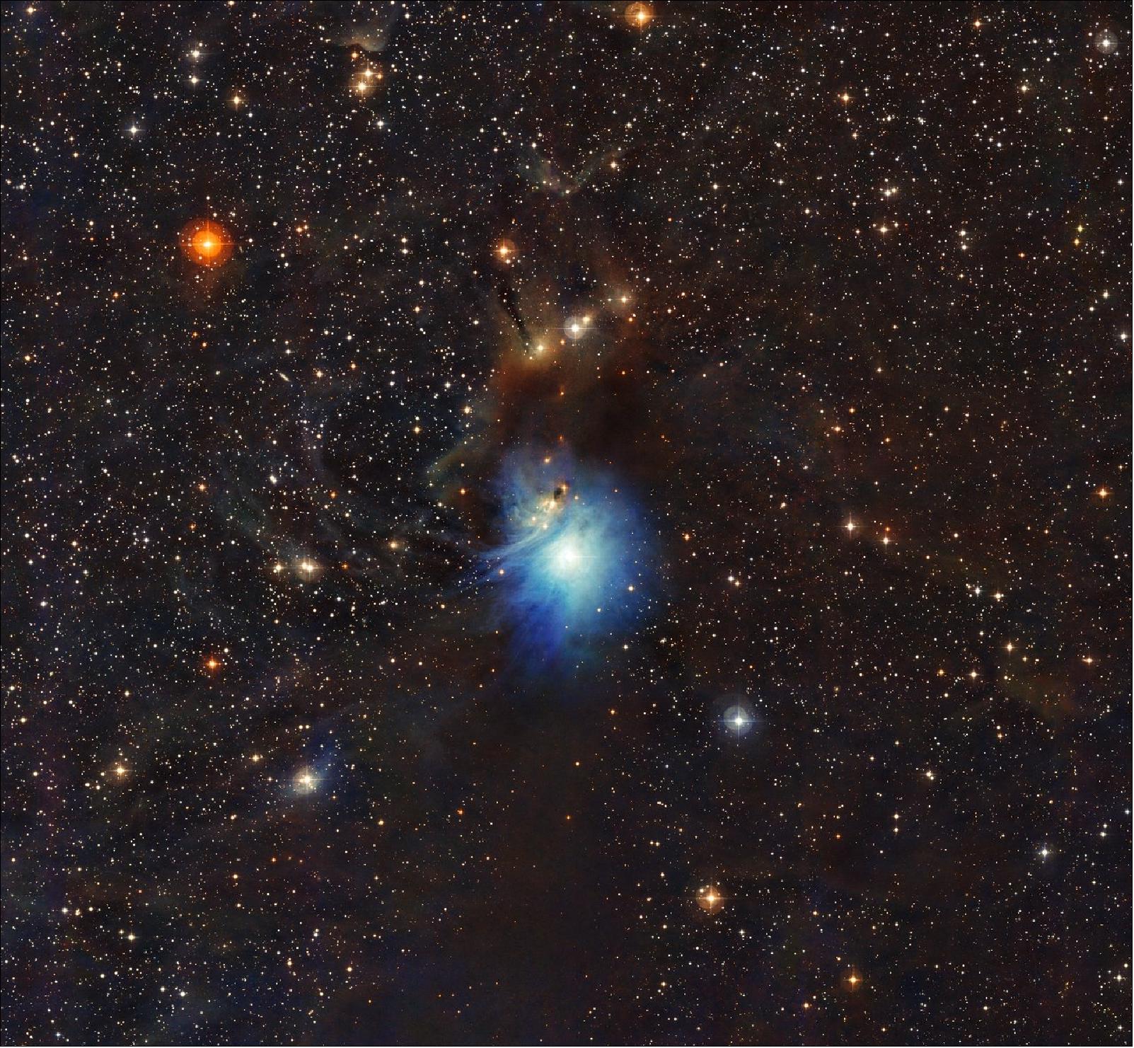 Figure 16: A newly formed star lights up the surrounding cosmic clouds in this image from ESO’s La Silla Observatory in Chile. Dust particles in the vast clouds that surround the star HD 97300 diffuse its light, like a car headlight in enveloping fog, and create the reflection nebula IC 2631. Although HD 97300 is in the spotlight for now, the very dust that makes it so hard to miss heralds the birth of additional, potentially scene-stealing, future stars (image credit: ESO)