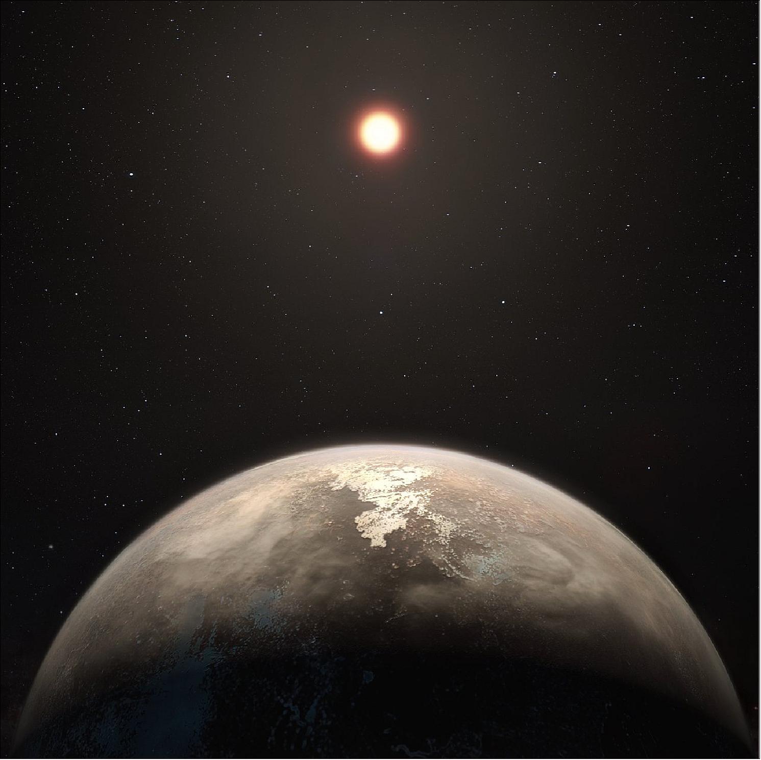 Figure 15: Artist’s impression of the planet Ross 128 b, a Milky Way star. A temperate Earth-sized planet has been discovered only 11 light-years from the Solar System by a team using ESO’s unique planet-hunting HARPS instrument. The new world has the designation Ross 128 b and is now the second-closest temperate planet to be detected after Proxima b. It is also the closest planet to be discovered orbiting an inactive red dwarf star, which may increase the likelihood that this planet could potentially sustain life. Ross 128 b will be a prime target for ESO’s Extremely Large Telescope, which will be able to search for biomarkers in the planet's atmosphere (image credit: ESO/M. Kornmesser)