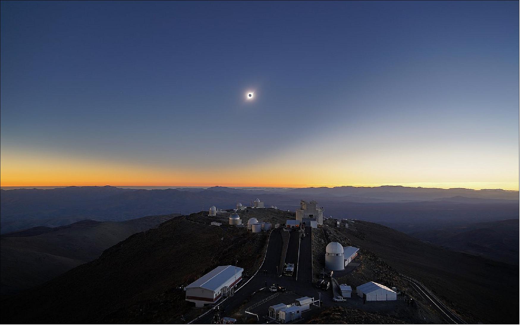 Figure 14: On 2 July 2019, the path of totality of a solar eclipse passed across ESO’s La Silla Observatory. This rare astronomical event falls in the fiftieth year of operation of ESO’s first observatory. Inaugurated in 1969, La Silla Observatory led Europe to the front line of astronomical research and continues to deliver remarkable science. A thousand visitors, including the President of the Republic of Chile, journeyed to the remote observatory to witness the unique conjunction (image credit: ESO)