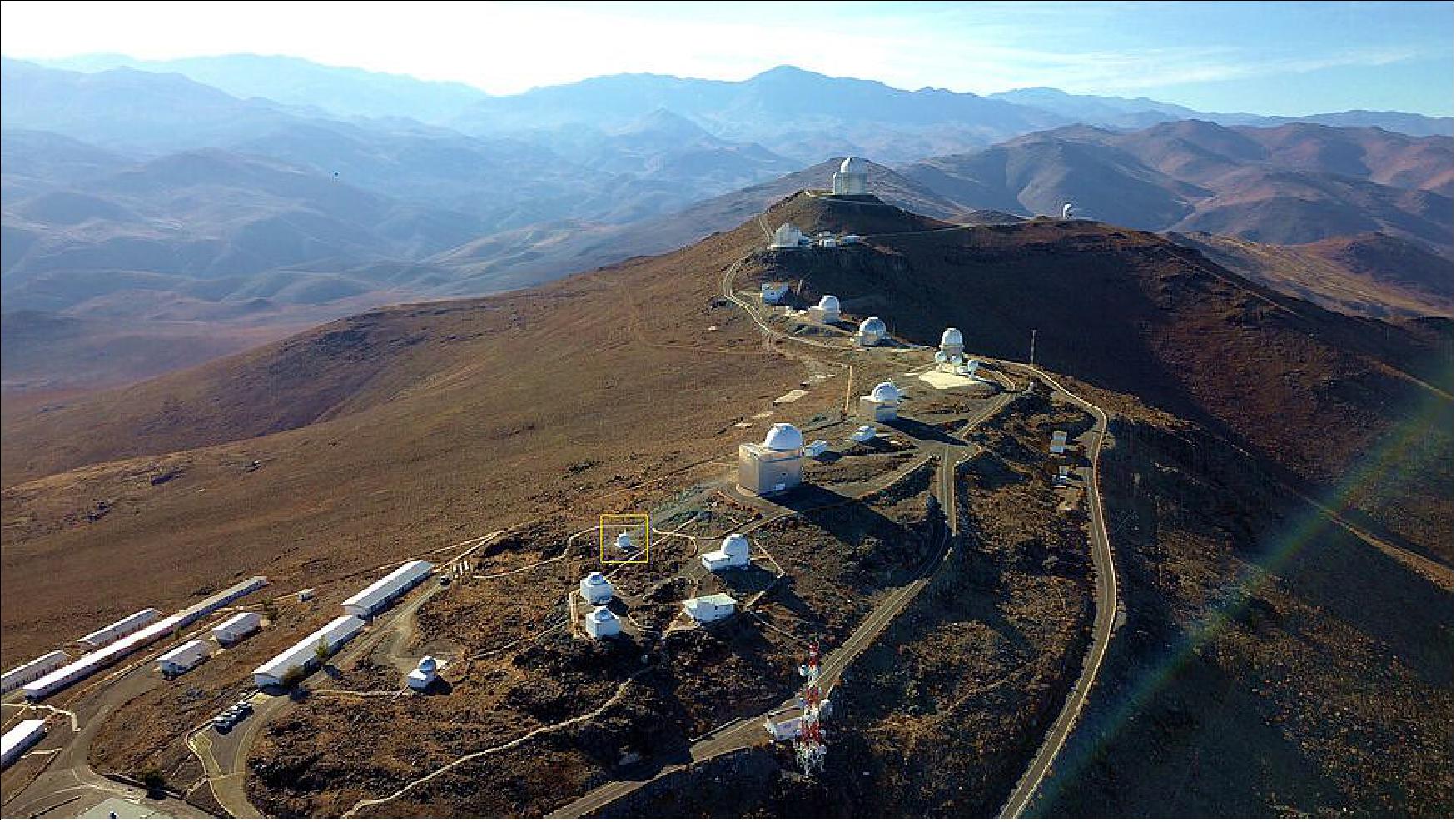 Figure 11: The position of ESA's Test-Bed Telescope 2 is indicated by the yellow square in this aerial view of ESO’s La Silla Observatory, situated in the Chilean Atacama Desert. La Silla is the first ESO observatory, inaugurated in 1969, and is one of the largest in the Southern Hemisphere. It is home to a variety of telescopes including three major optical and near-infrared telescopes operated by ESO (image credit: I. Saviane/ESO)
