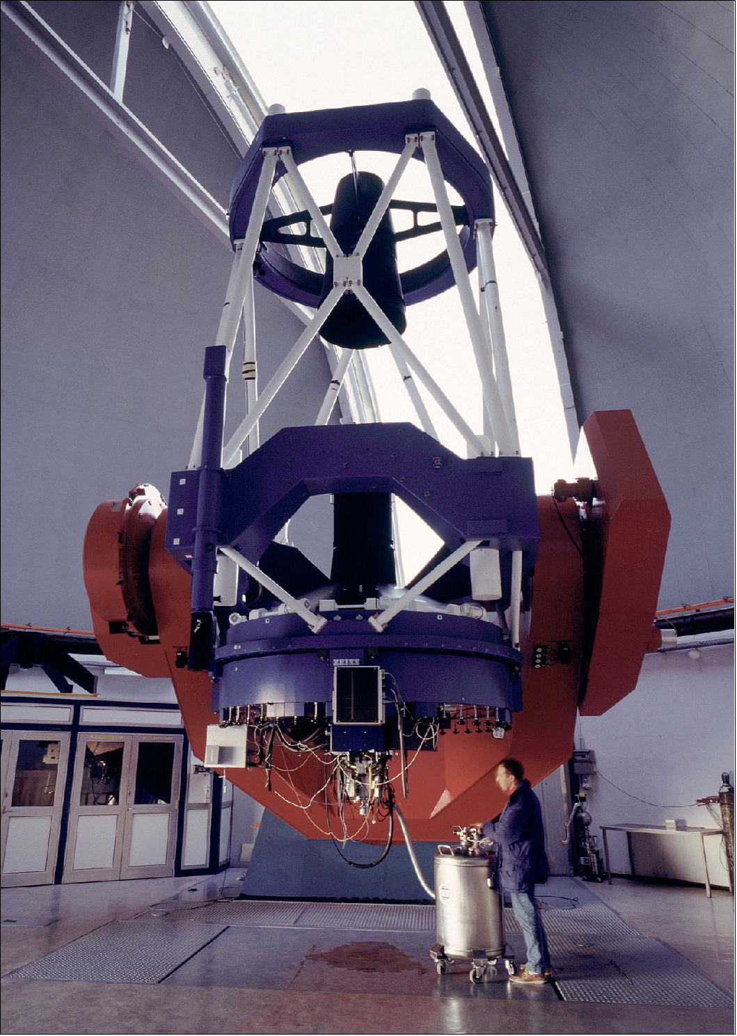 Figure 6: The MPG/ESO 2.2-meter telescope at La Silla has been in operation since early 1984. Operation and maintenance of the telescope was the responsibility of ESO until September 2013. The telescope (which is a fork mounted Ritchey-Chretien) was built by Zeiss and has been in use at La Silla since 1984. It is equipped with WFI, FEROS and GROND (image credit: ESO/H. H. Heyer) 7)