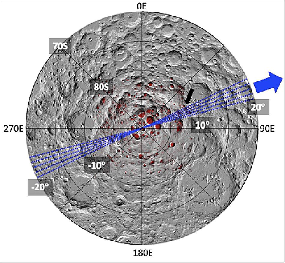 Figure 1: LunaH-Map science phase ground tracks (in blue) superimposed on Moon LRO LOLA Hillshade 237 m (v4, LOLA Science Team, retrieved from USGS web site). PSRs are labeled in red (image credit: LunaH-Map Team)