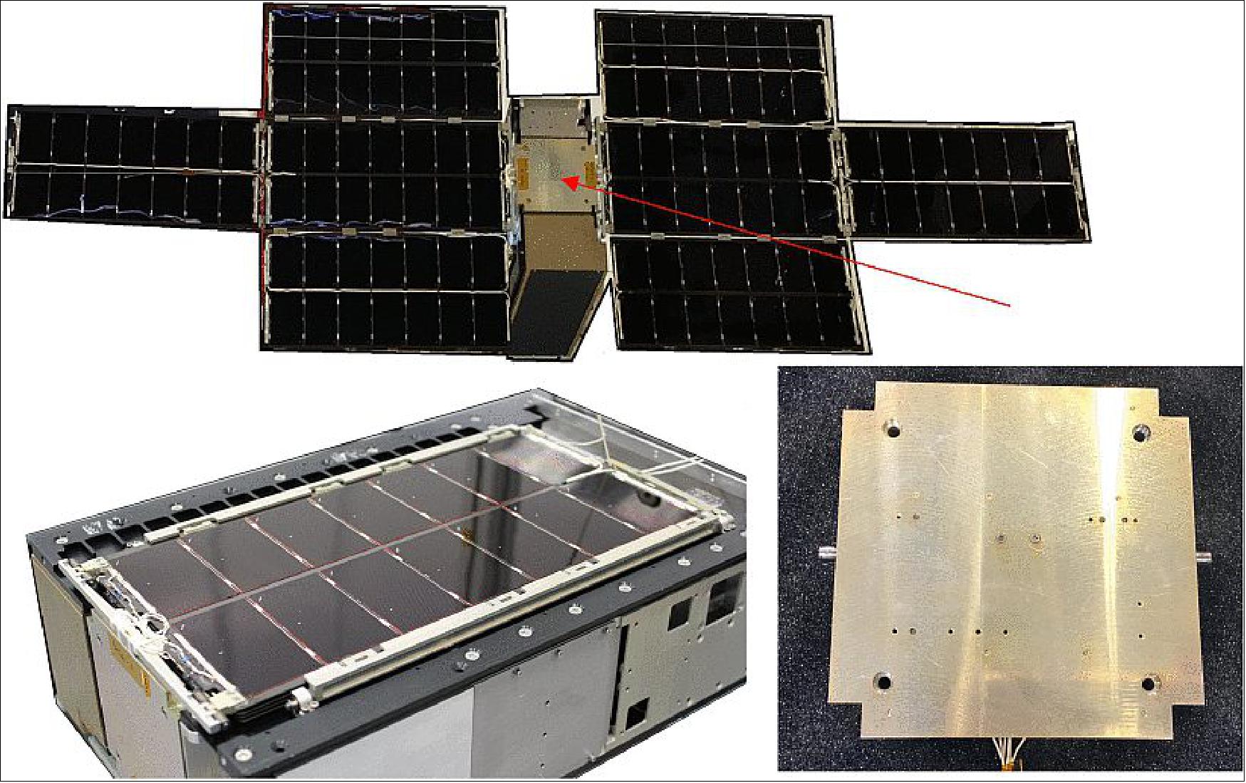 Figure 8: MMA design LunaH-map solar array. Existing 3-panel wing design (top). Wing and launch restraint scaled for stowed requirements (bottom left). Also showing solar array drive assembly (bottom right). The LunaH-Map eHaWK™ incorporates MMA’s patented CubeSat SADA (Solar Array Drive Assembly). This facilitates higher average orbital power and enables peak power tracking. The SADA features ±180º of actuation, up to 16 signal/power feed-through conductors per wing, and actuation speeds up to 0.188 revolutions per minute (image credit: ASU)