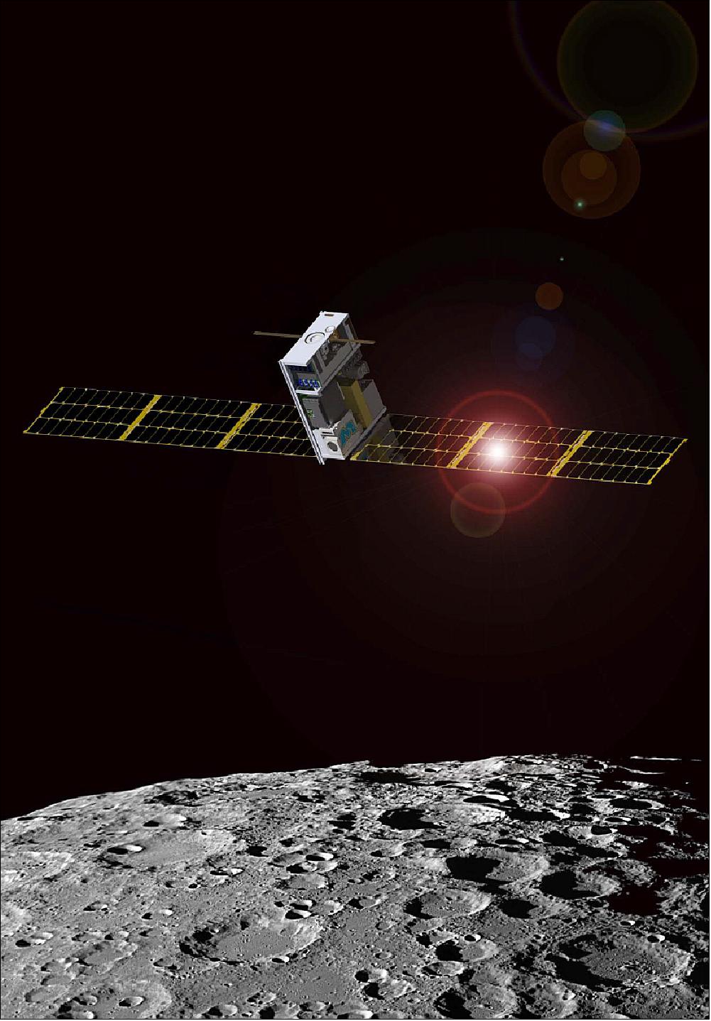 Figure 6: Artist's rendition of the Lunar IceCube spacecraft in lunar orbit (image credit: Morehead State University, NASA)