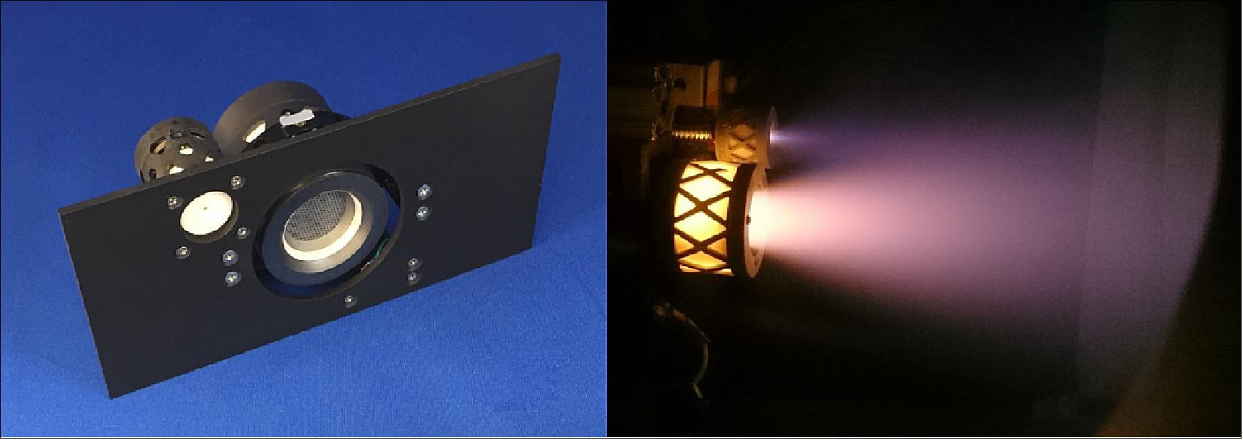 Figure 3: Left: BIT-3 RF ion thruster flight assembly; Right: prototype demonstration firing with iodine propellant (image credit: Busek)