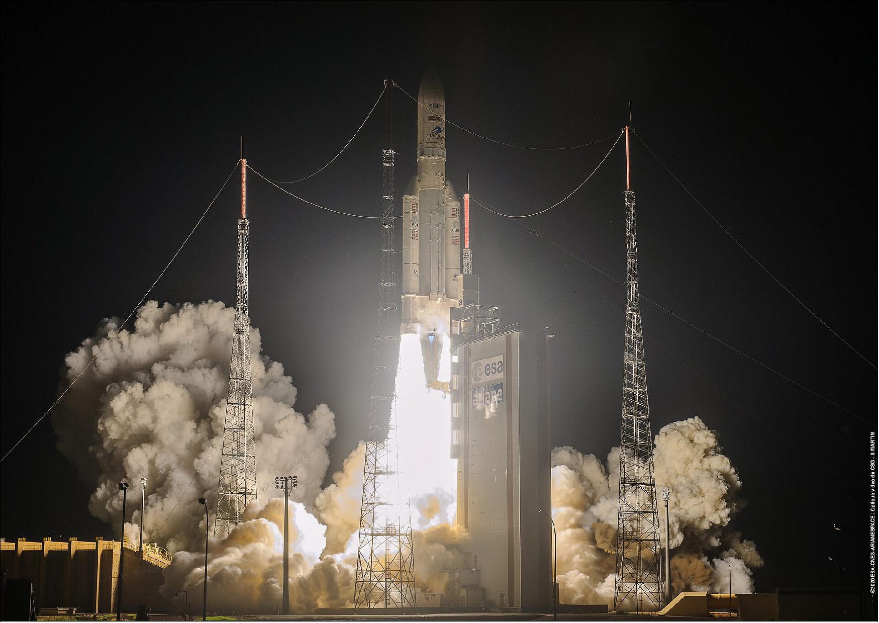 Figure 6: On 15 August 2020, Ariane 5 flight VA253 lifted off from Europe’s Spaceport in French Guiana and delivered two telecom satellites Galaxy-30 and BSAT-4B, and the Mission Extension Vehicle (MEV-2), into their planned transfer orbits (image credit: ESA/CNES/Arianespace)