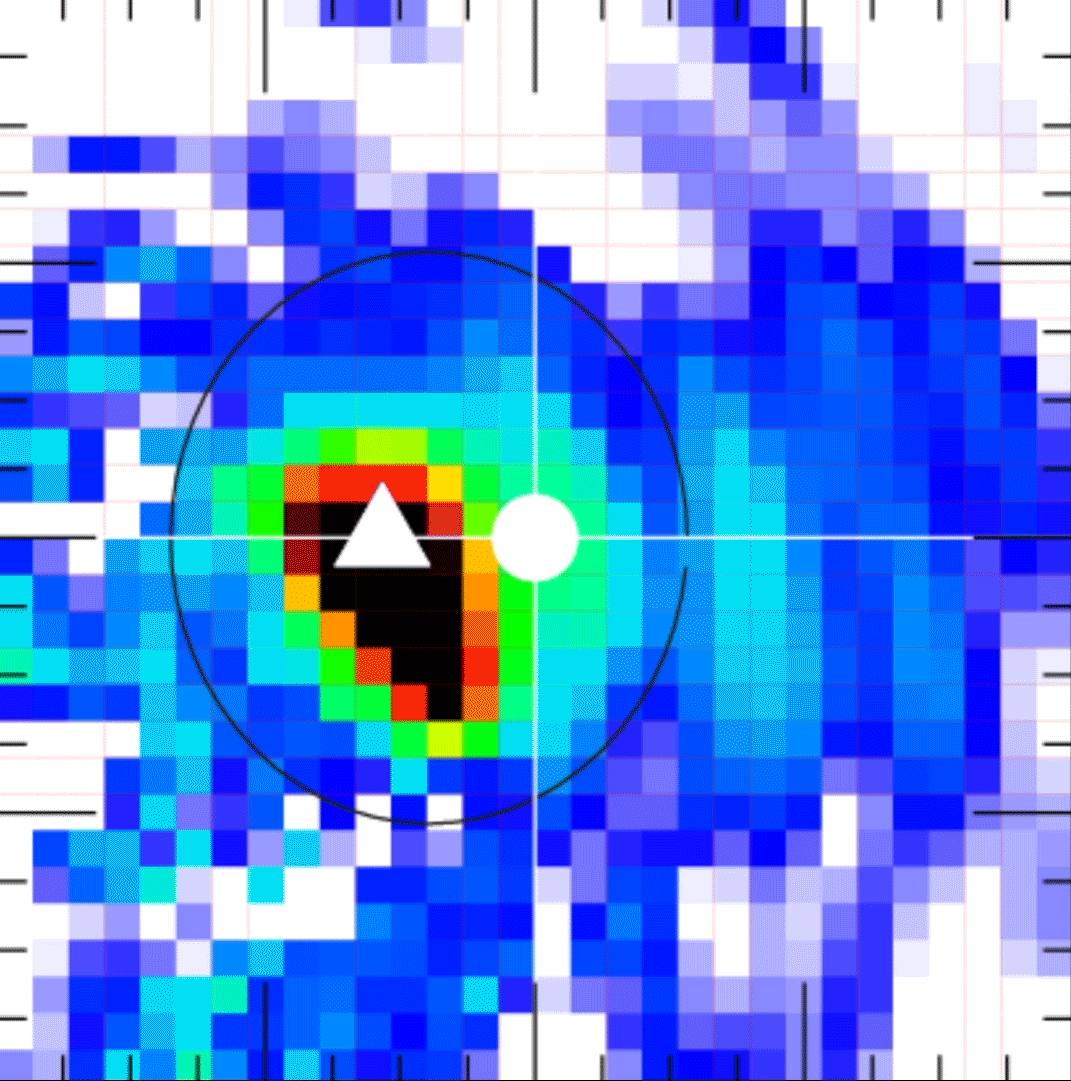 Figure 25: Data from the Fast Plasma Investigation aboard MMS shows the shock and reflected ions as they washed over MMS. The colors represent the amount of ions seen with warmer colors indicating higher numbers of ions. The reflected ions (yellow band that appears just above the middle of the figure) show up midway through the animation, and can be seen increasing in intensity (warmer colors) as they pass MMS, shown as a white dot (image credit: Ian Cohen)