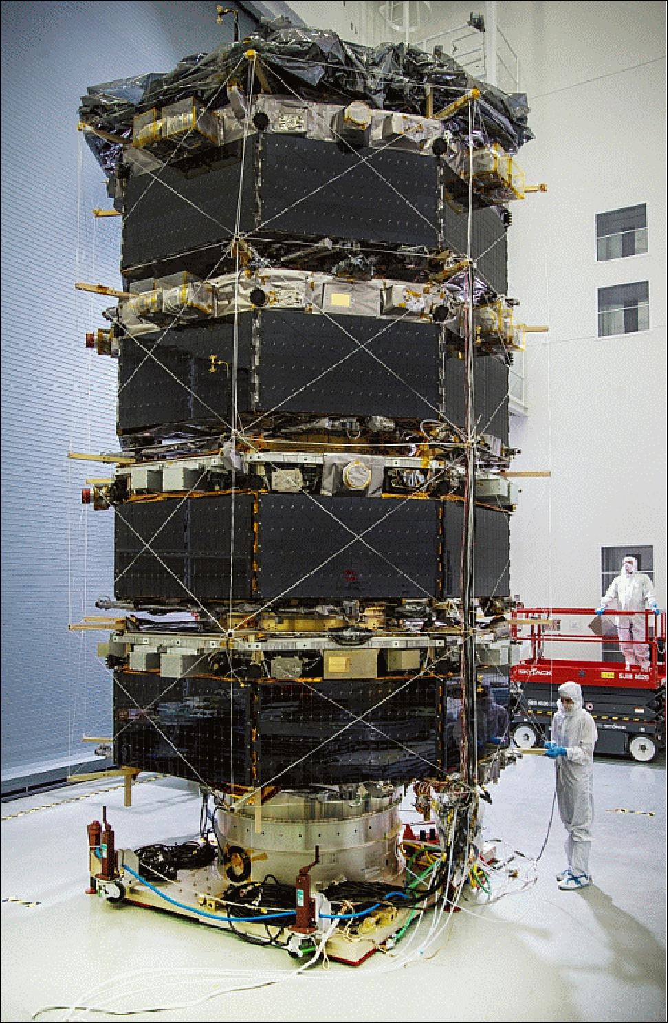 Figure 9: Photo of the four stacked MMS spacecraft with solar arrays, ready to move to the vibration chamber at NASA/GSFC (image credit: NASA) 15) 16)