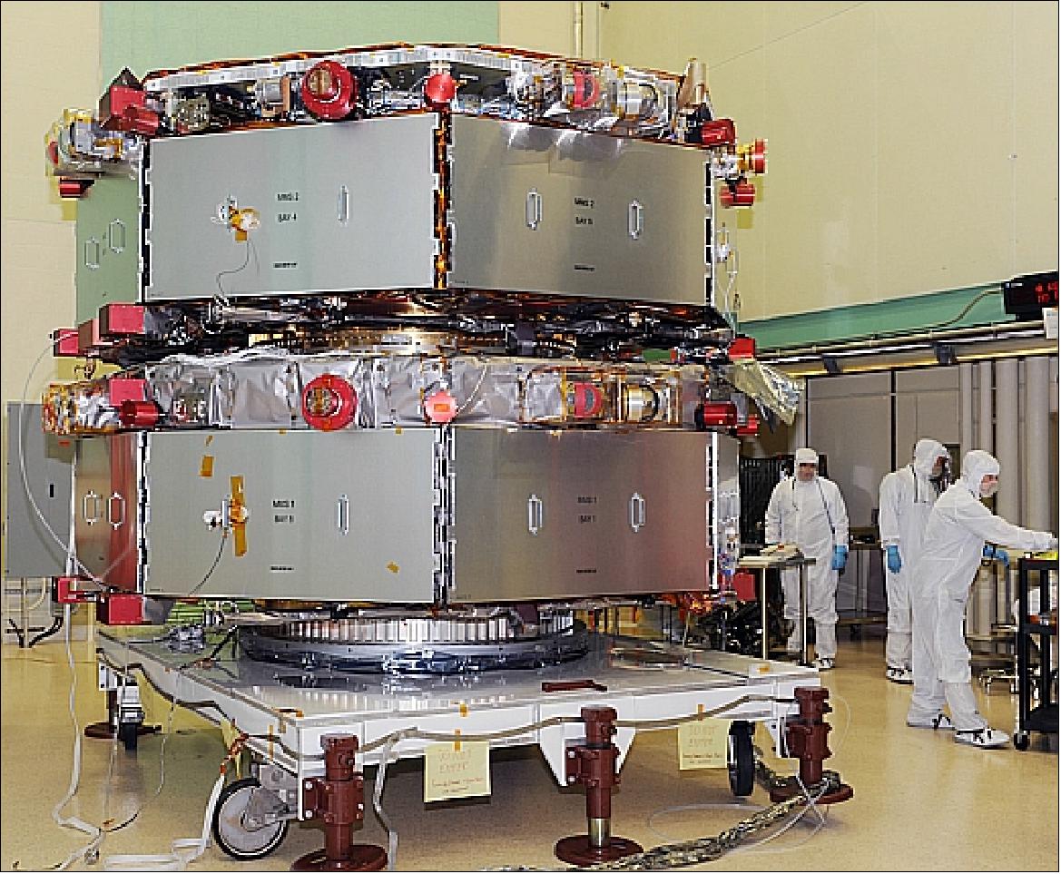 Figure 7: Photo of two MMS observatories (June 26, 2013) stacked up for shock testing to make sure they can withstand the launch environment (image credit: NASA)