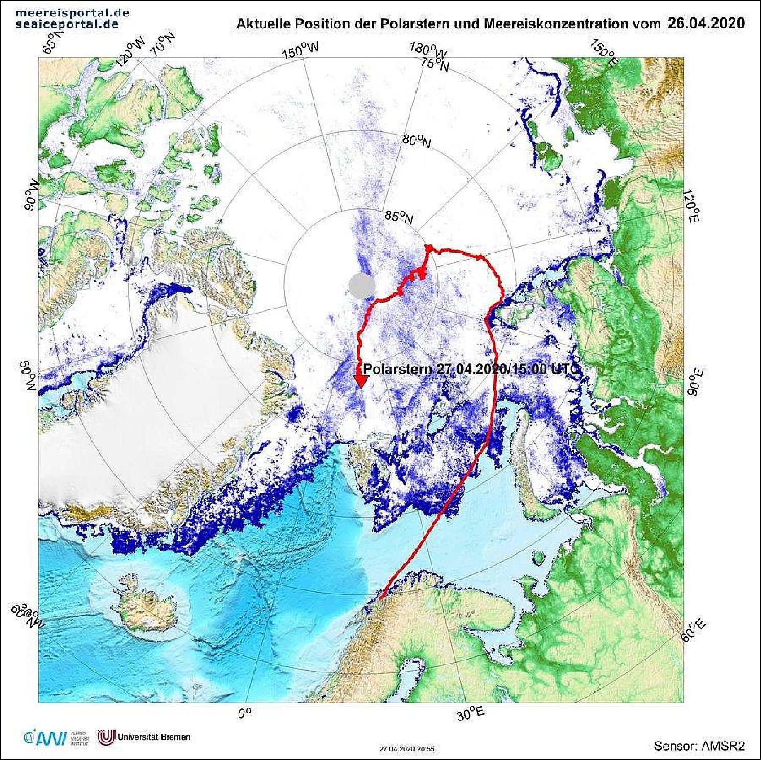 Figure 33: Location of the Polarstern on April 27, to the North of Svalbard (graphic: Courtesy of AWI)